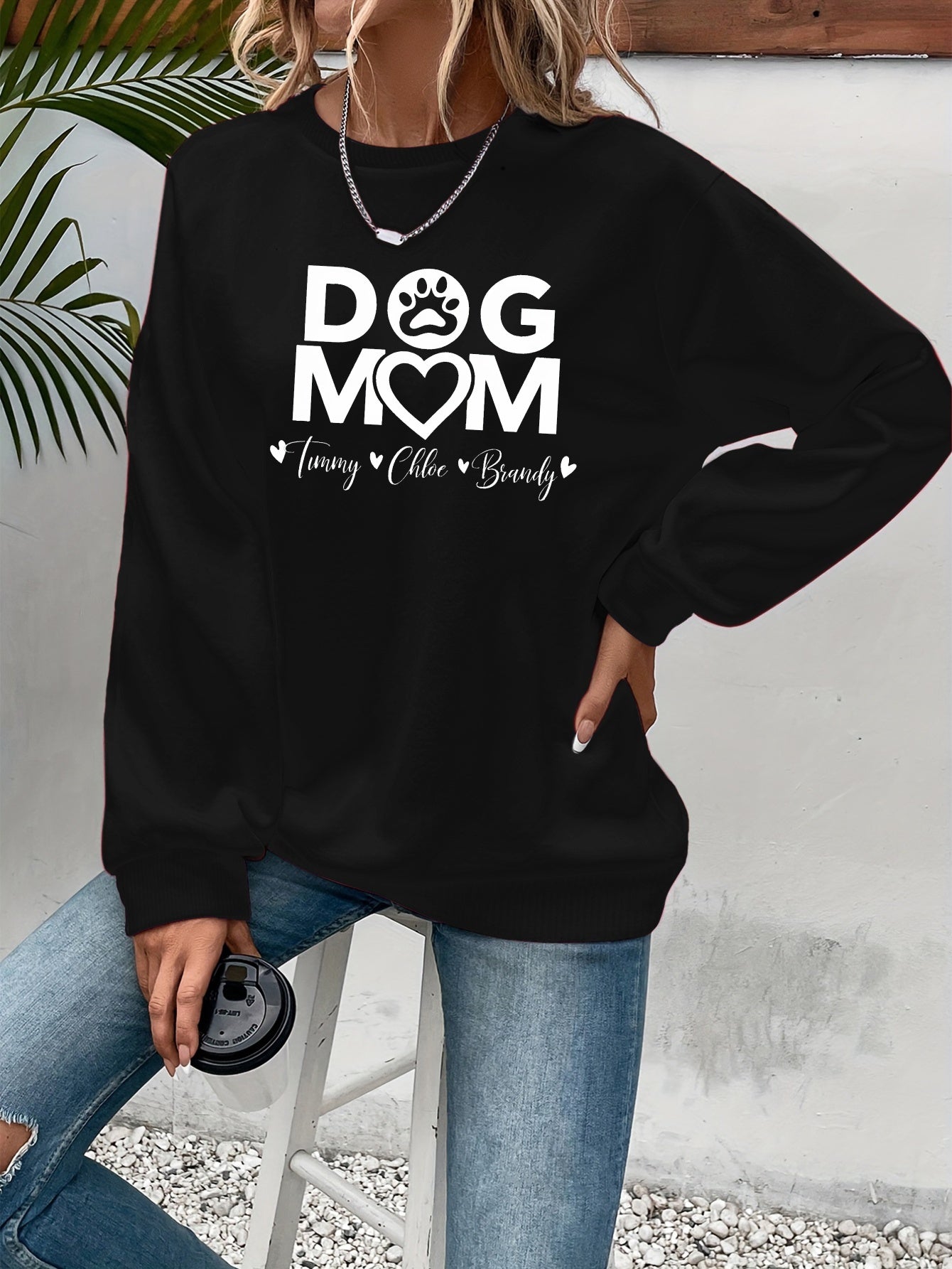 Teediy Women's Dog Mom Pink Sweatshirt with Paw Prints Casual Pullover for Autumn Winter