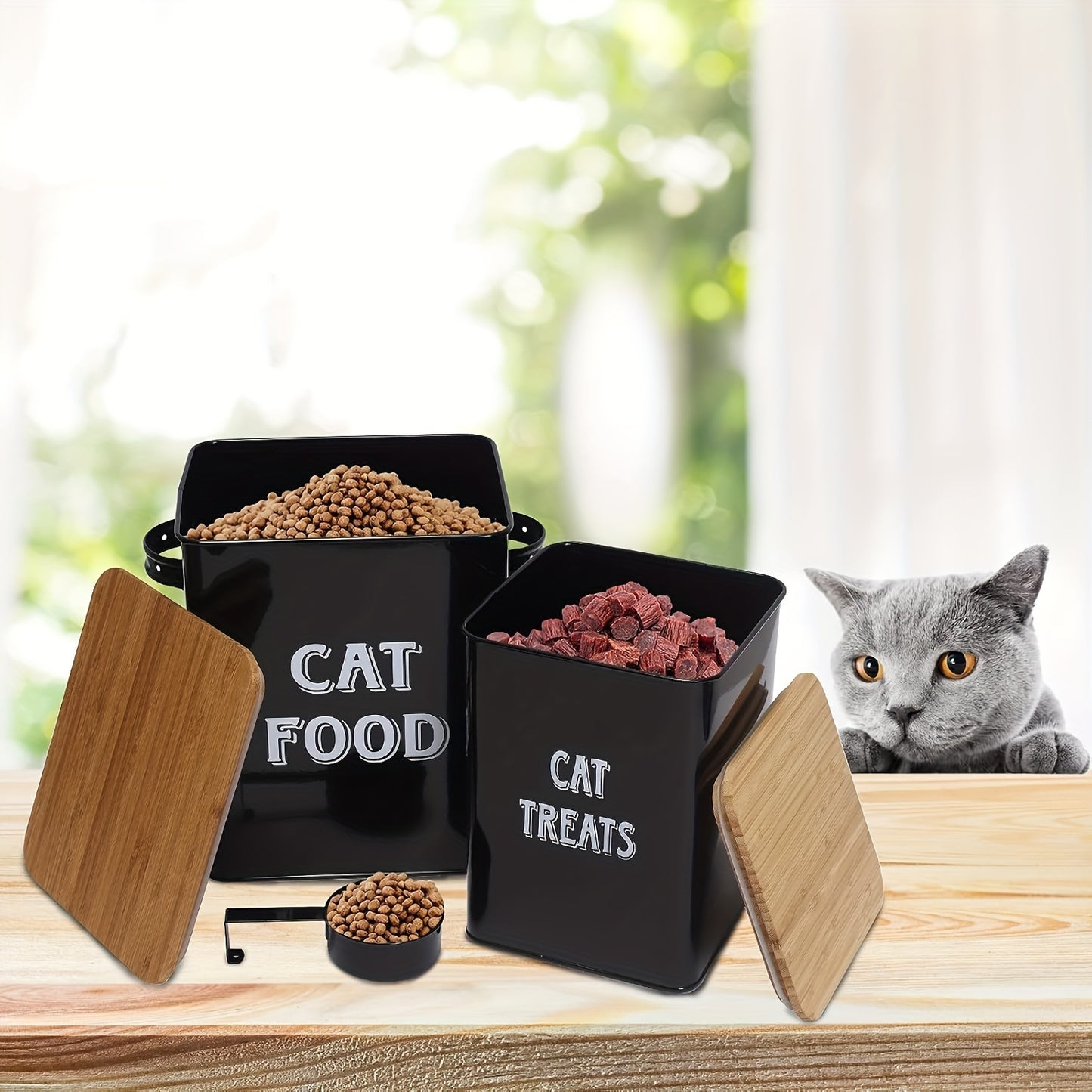 Pet Food Storage Canister Set With Scoop And Wood Lids