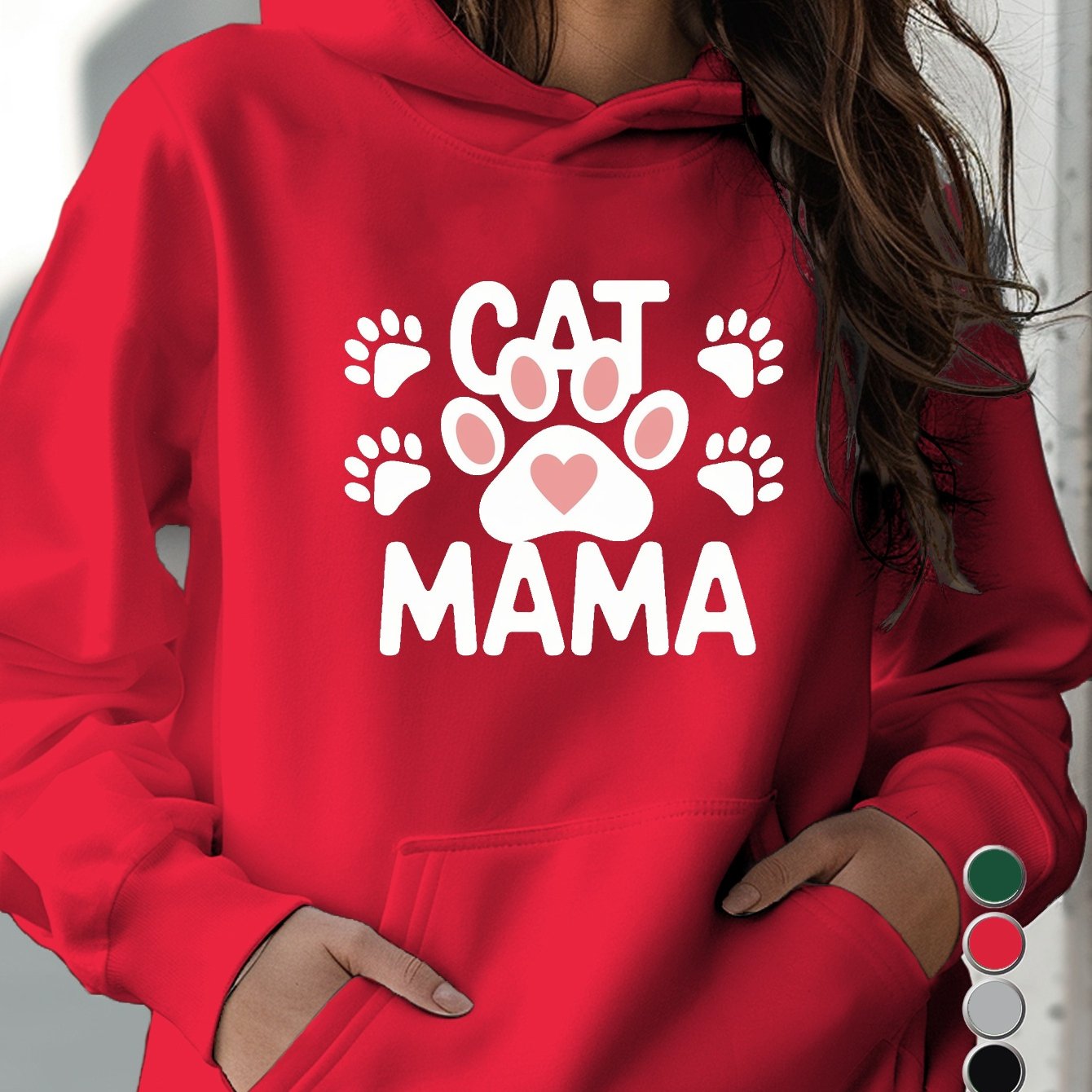 Teediy Cat Mama Paw Print Heart Women's Casual Hoodie for Cat Lovers