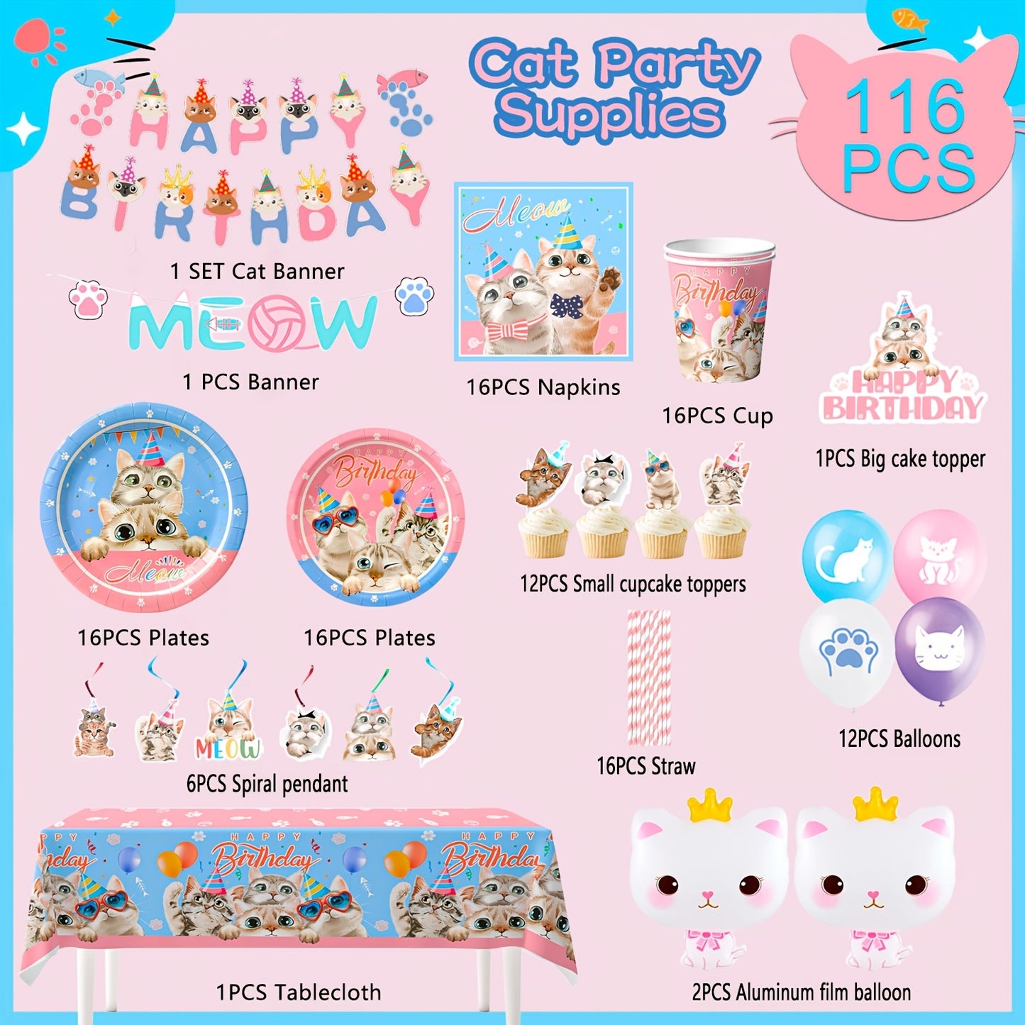 Cat Birthday Party Supplies 178pcs Kitten Decorations Plates Cups Banners Balloons Tableware Set
