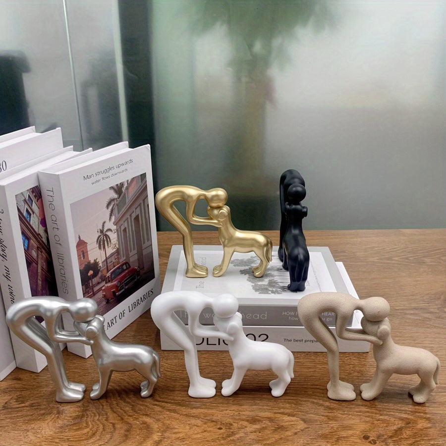 Man Holding Dog Statue Resin Figurine Cute Pet Lover Gift Home Office Decor