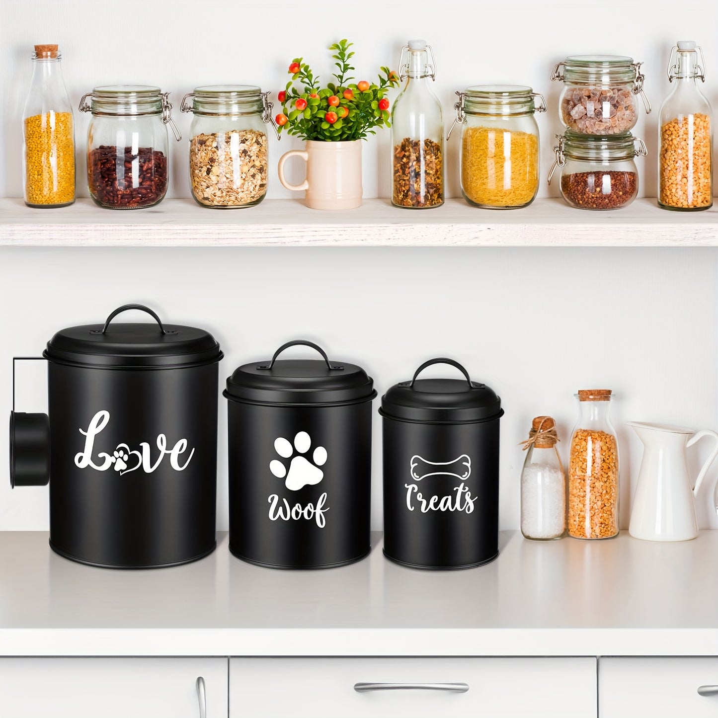 Airtight Metal Dog Treat Canister Set With Labels And Spoon