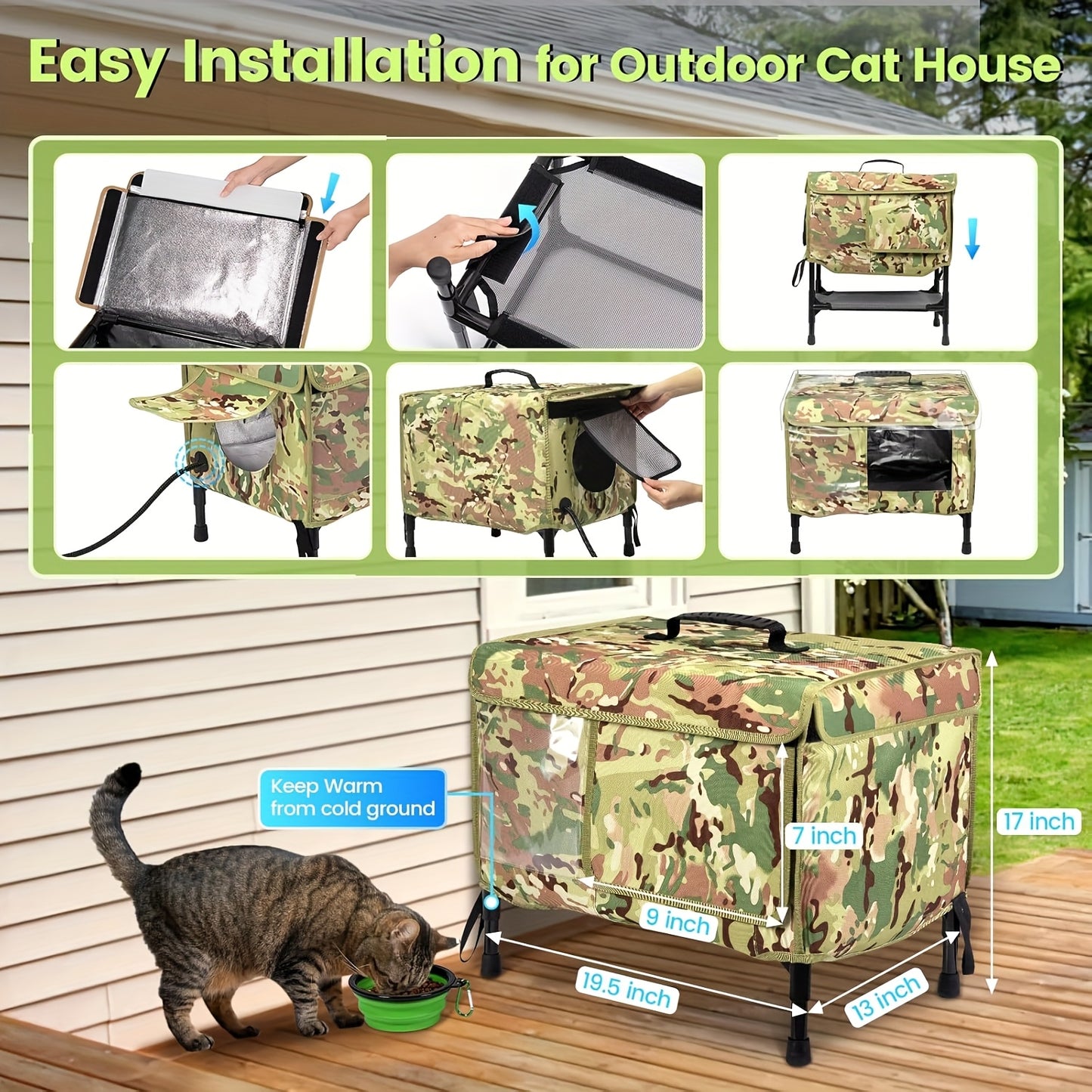 Indestructible Heated Cat House for Indoor and Outdoor Use with Collapsible Design and Food Bowl