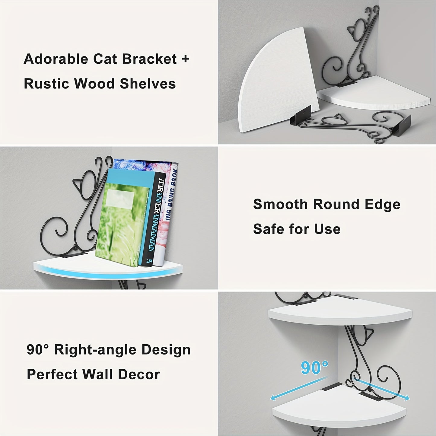 Floating Corner Wood Shelves 4 Tier Rustic Cat Shaped Wall Mounted Storage for Living Room Bedroom