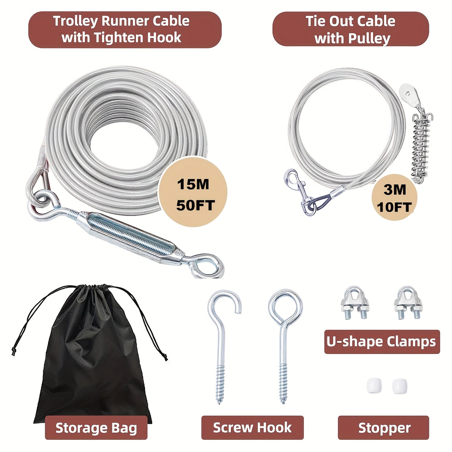Heavy Duty 50ft Dog Tie Out Cable with 10ft Run for Training Camping Hiking Chew Proof Lead