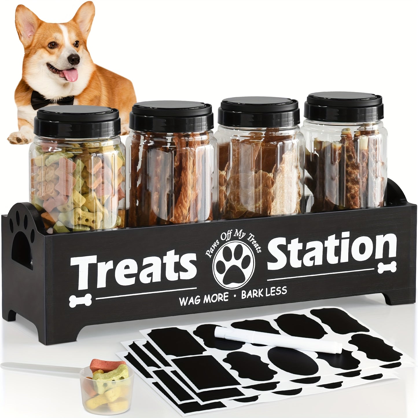 Wooden Dog Food Storage Box With Farmhouse Cat Jars