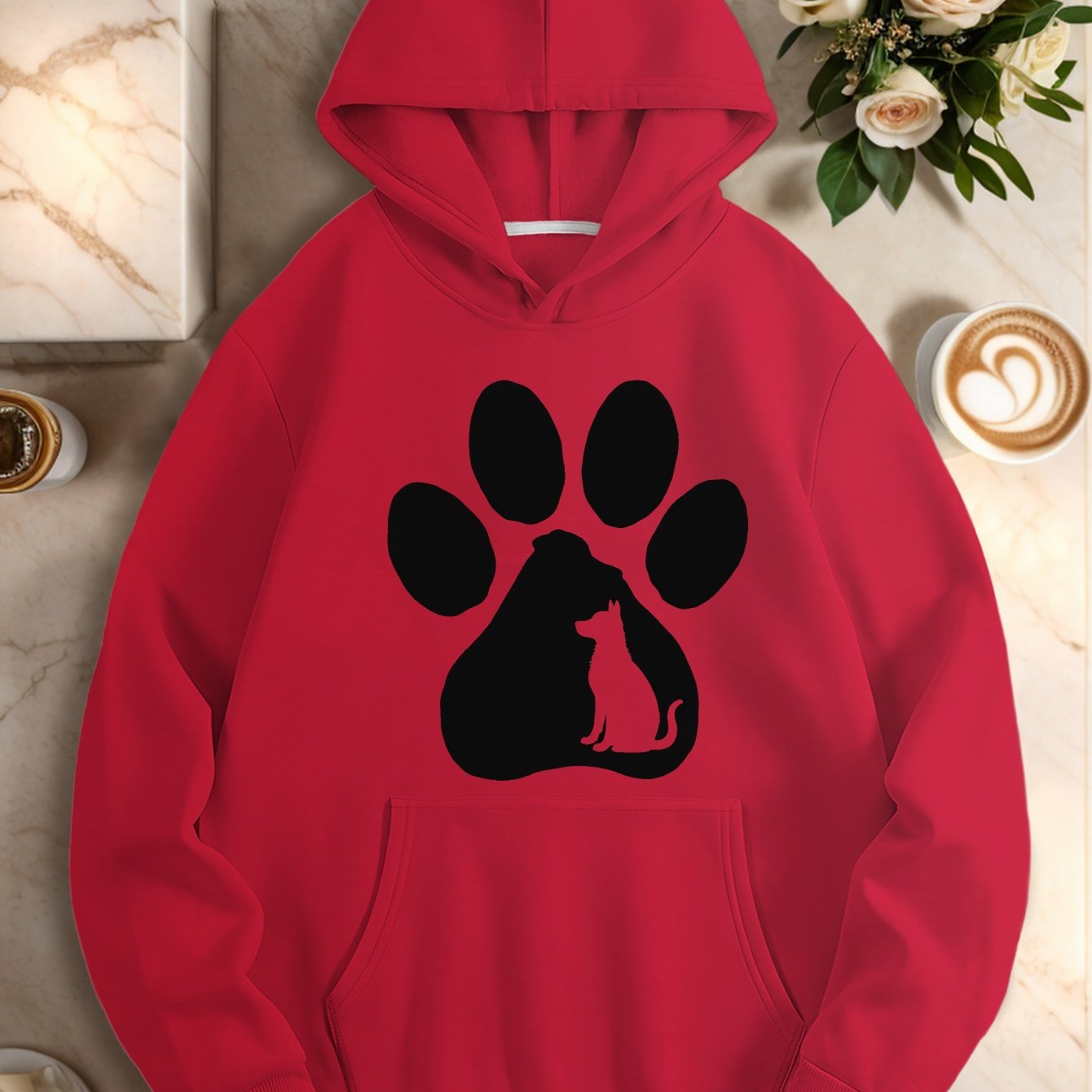 Women's Plus Size Cozy Hoodie with Dog and Cat Paw Print Red Long Sleeve Casual Sweatshirt