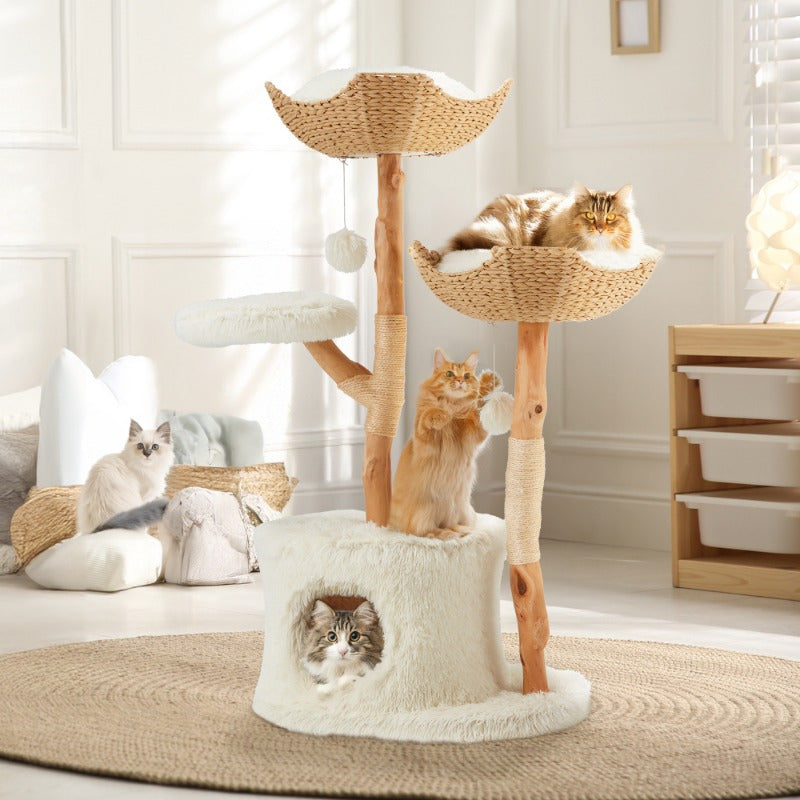 Natural Wood Multi-Level Cat Tower with Woven Baskets and Condo for Indoor Cats