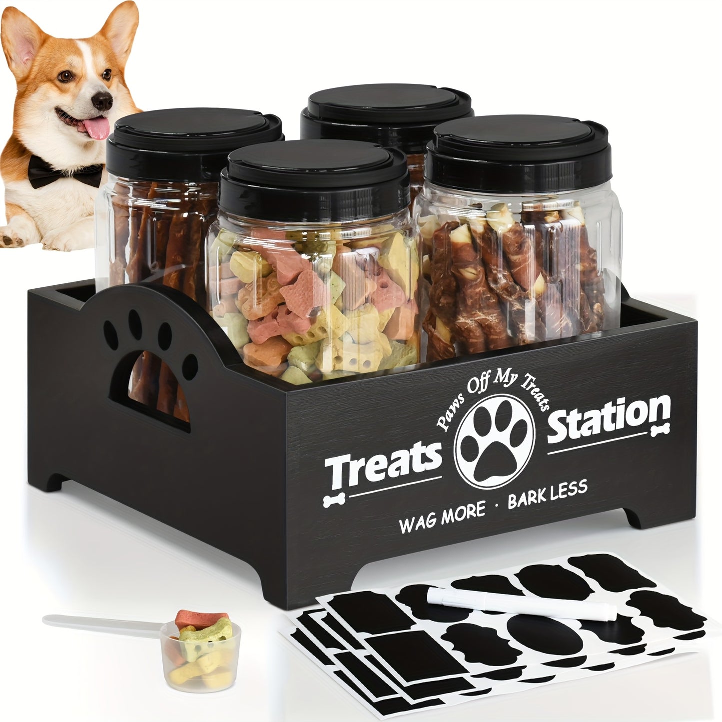 Wooden Dog Food Storage Box With Farmhouse Cat Jars