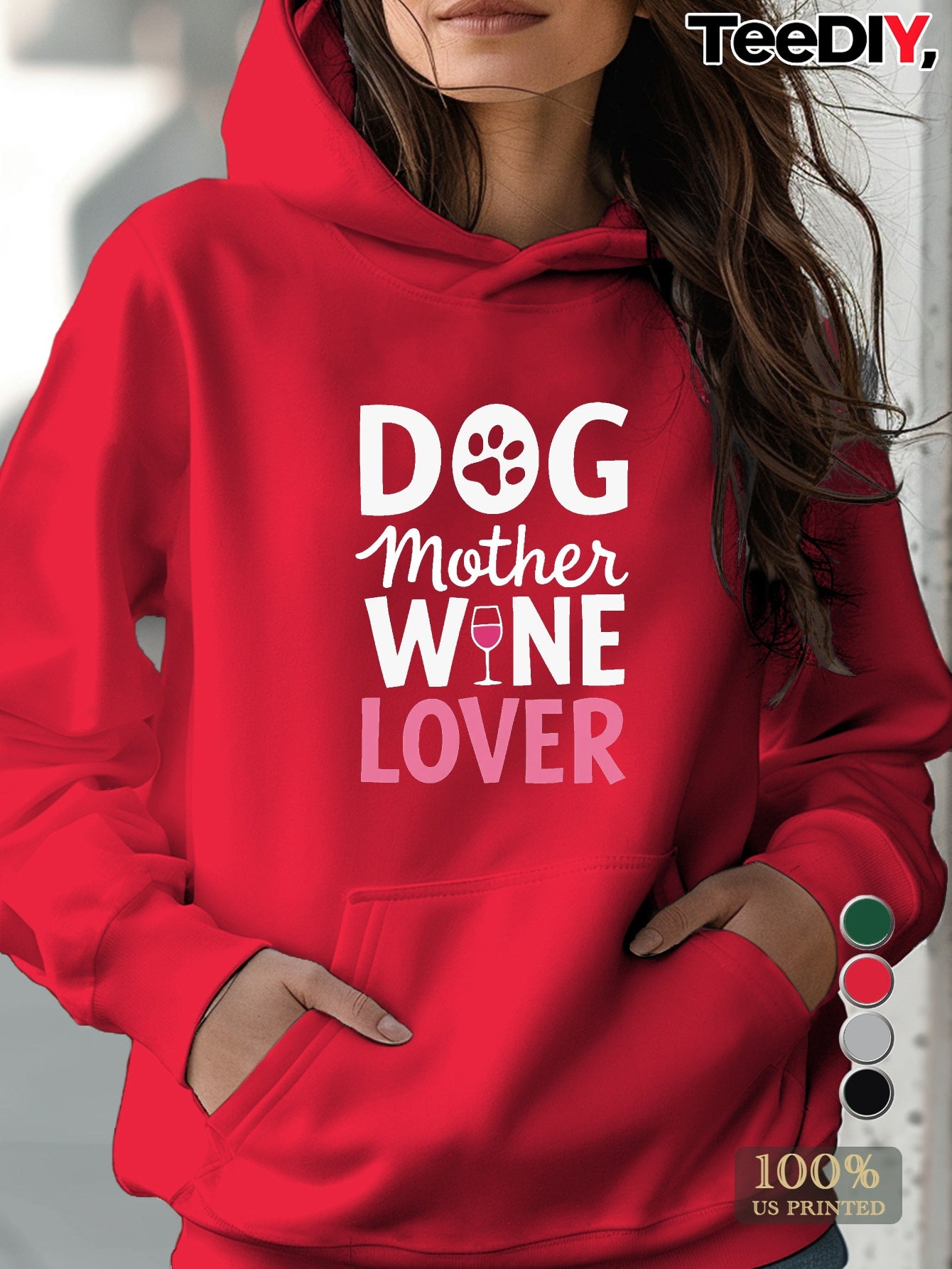 Teediy Women's Funny Dog Mom Wine Lover Hoodie Grey Pullover Sweatshirt for Pet Parents