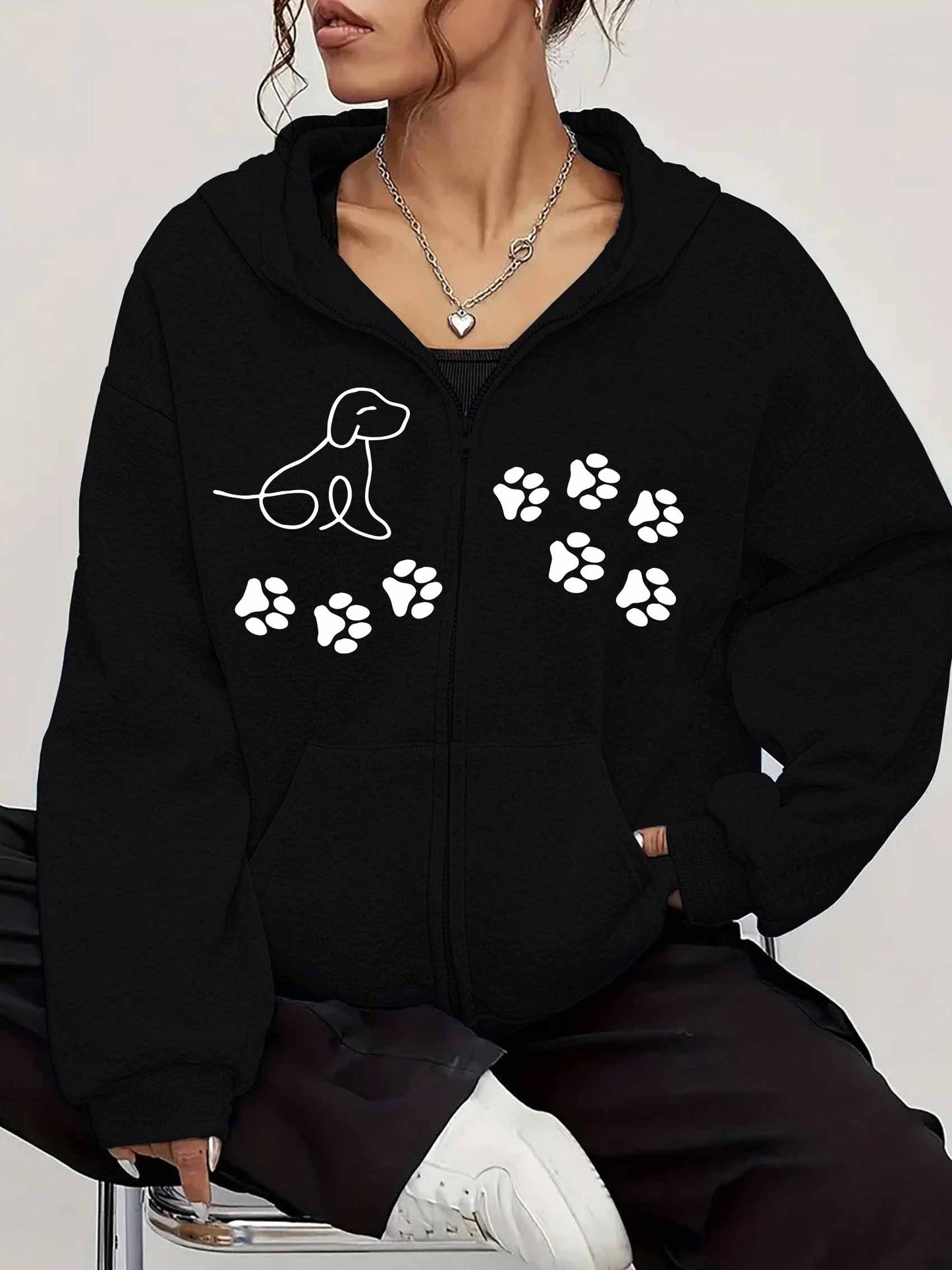 Women's Trendy Black Hoodie with Dog Paw Print Cozy Fleece Zip-Up Sweatshirt and Kangaroo Pocket
