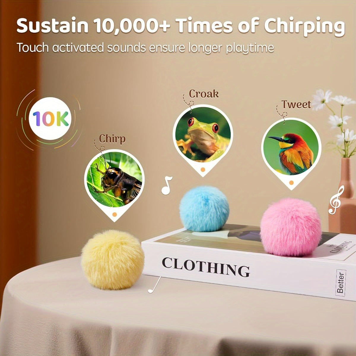 Chirping Cat Toy Balls with SilverVine 3 Pack Fluffy Interactive Kicker with Animal Sounds