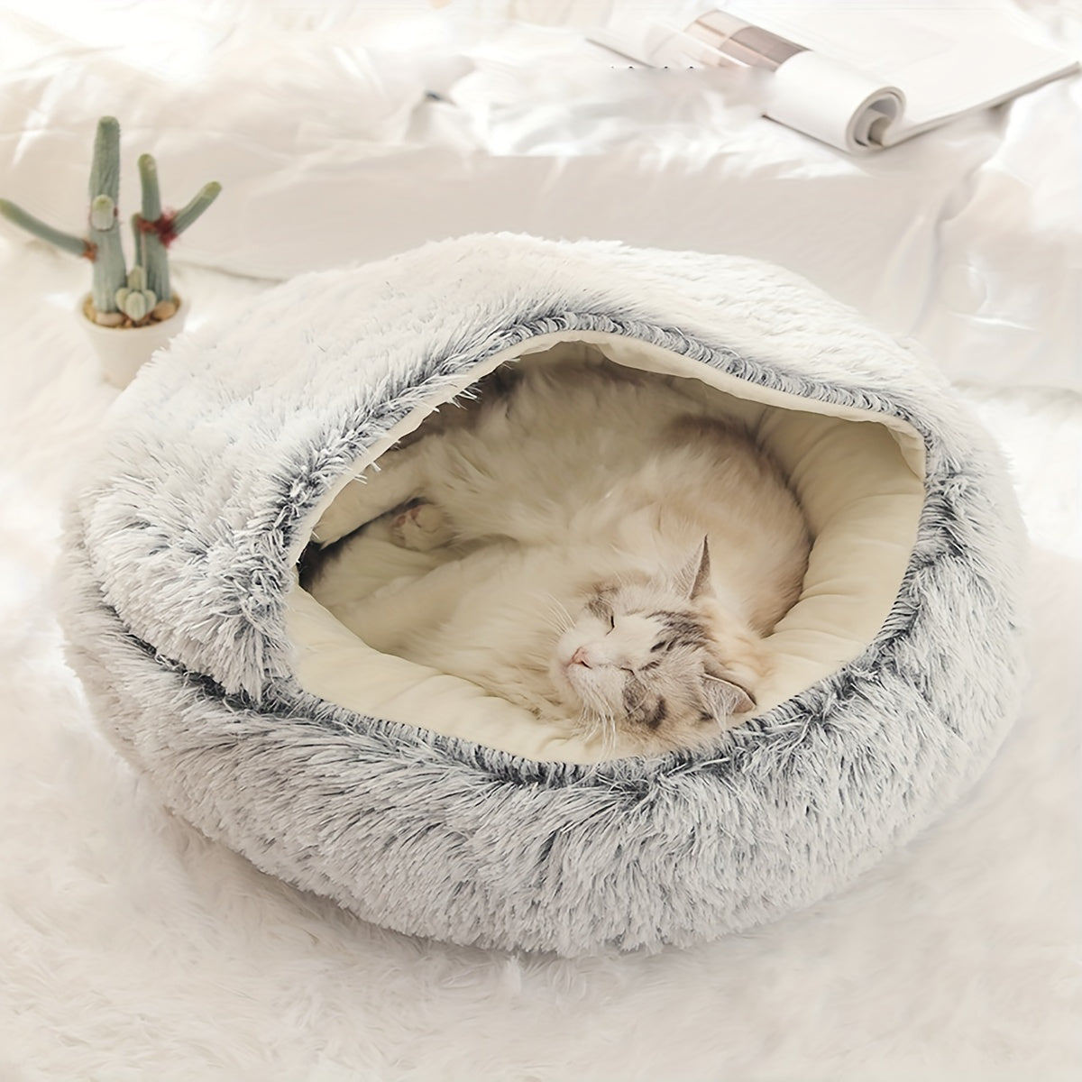 Cozy Round Plush Cat Bed Cave Fluffy Hooded Anti Anxiety Pet Bed For Indoor Cats And Small Dogs