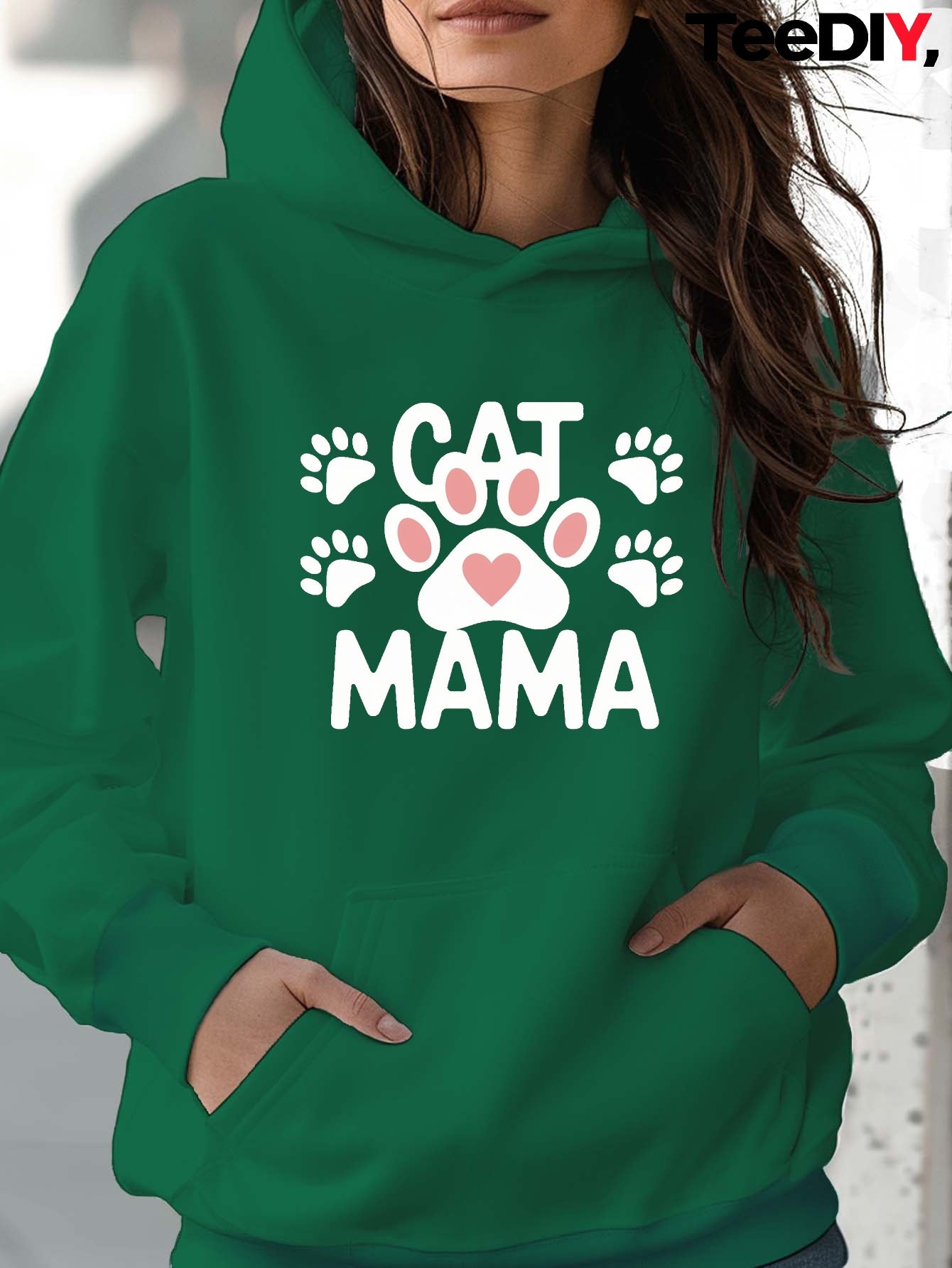 Teediy Cat Mama Paw Print Heart Women's Casual Hoodie for Cat Lovers