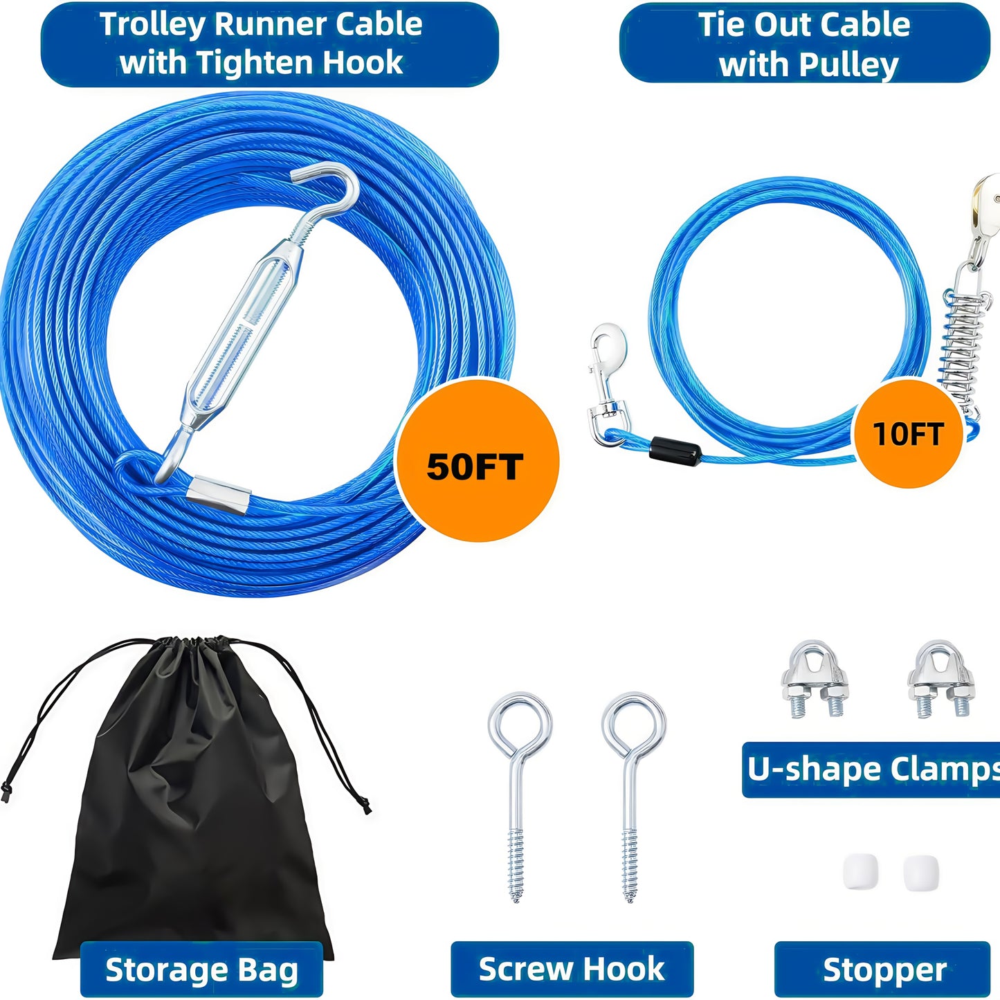 Heavy Duty 50ft Dog Tie Out Cable with 10ft Run for Training Camping Hiking Chew Proof Lead