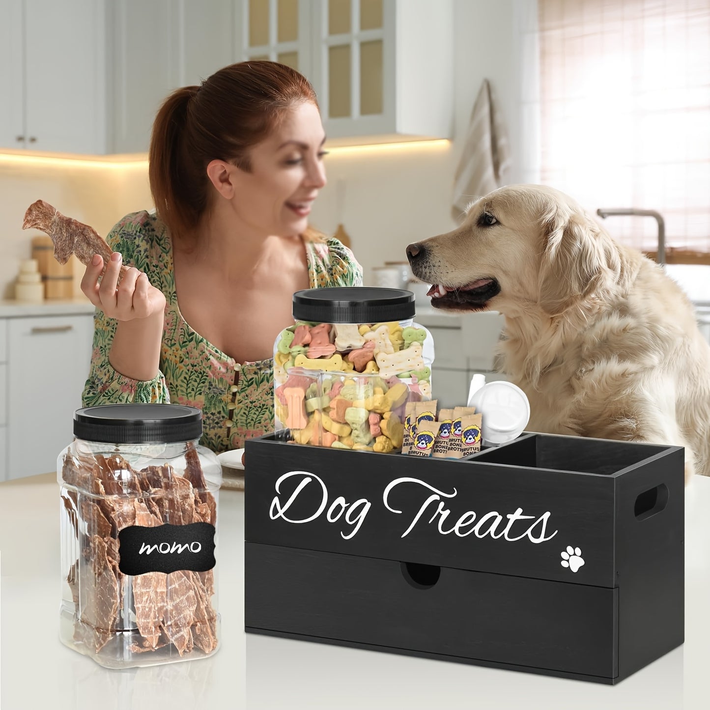 Pet Treat Organizer With Drawer Dual Jar Countertop