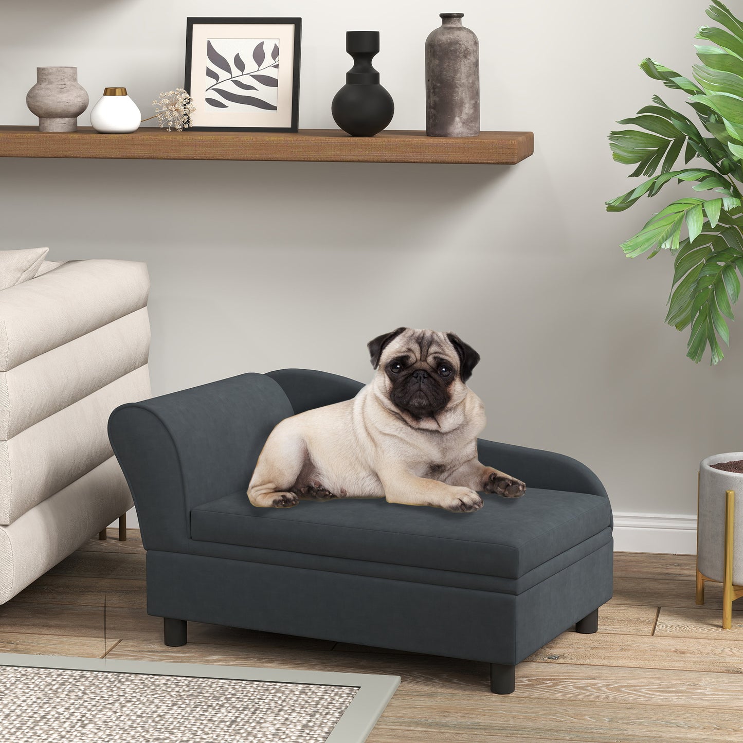 PawHut Luxury Dog Couch with Hidden Storage Soft Foam Sofa Bed for Small Breeds Dark Gray