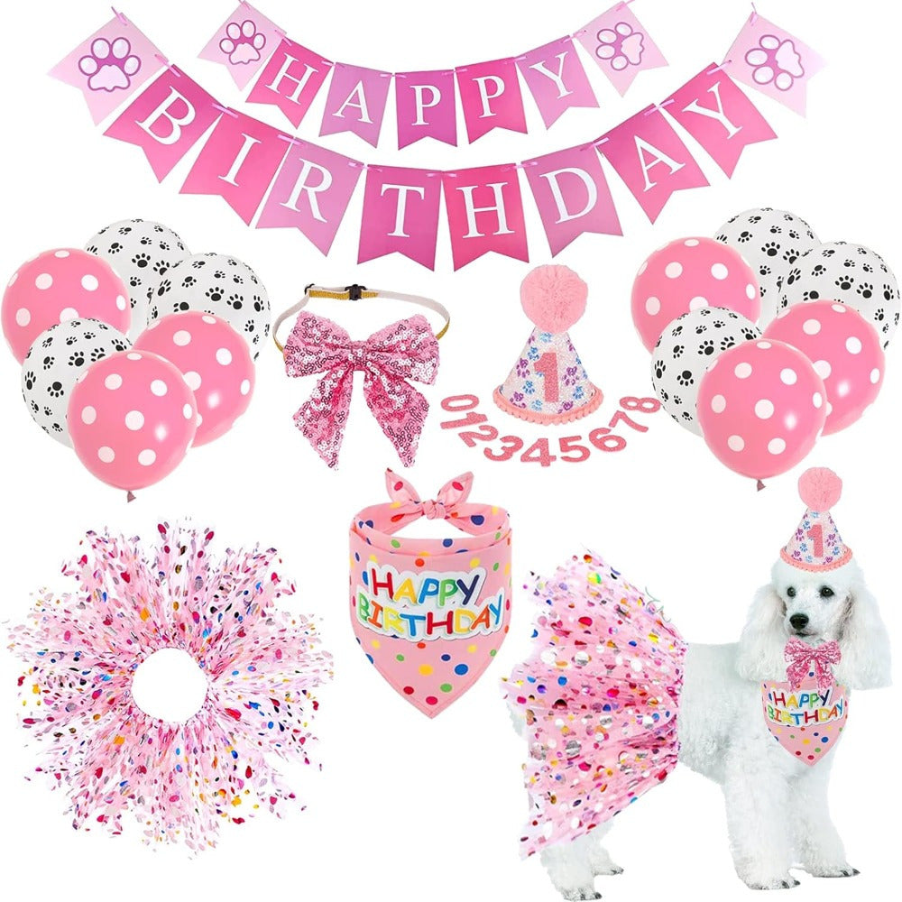 27pcs Pink Pet Birthday Party Kit with Tutu Hat Bandana and More for Dogs and Cats