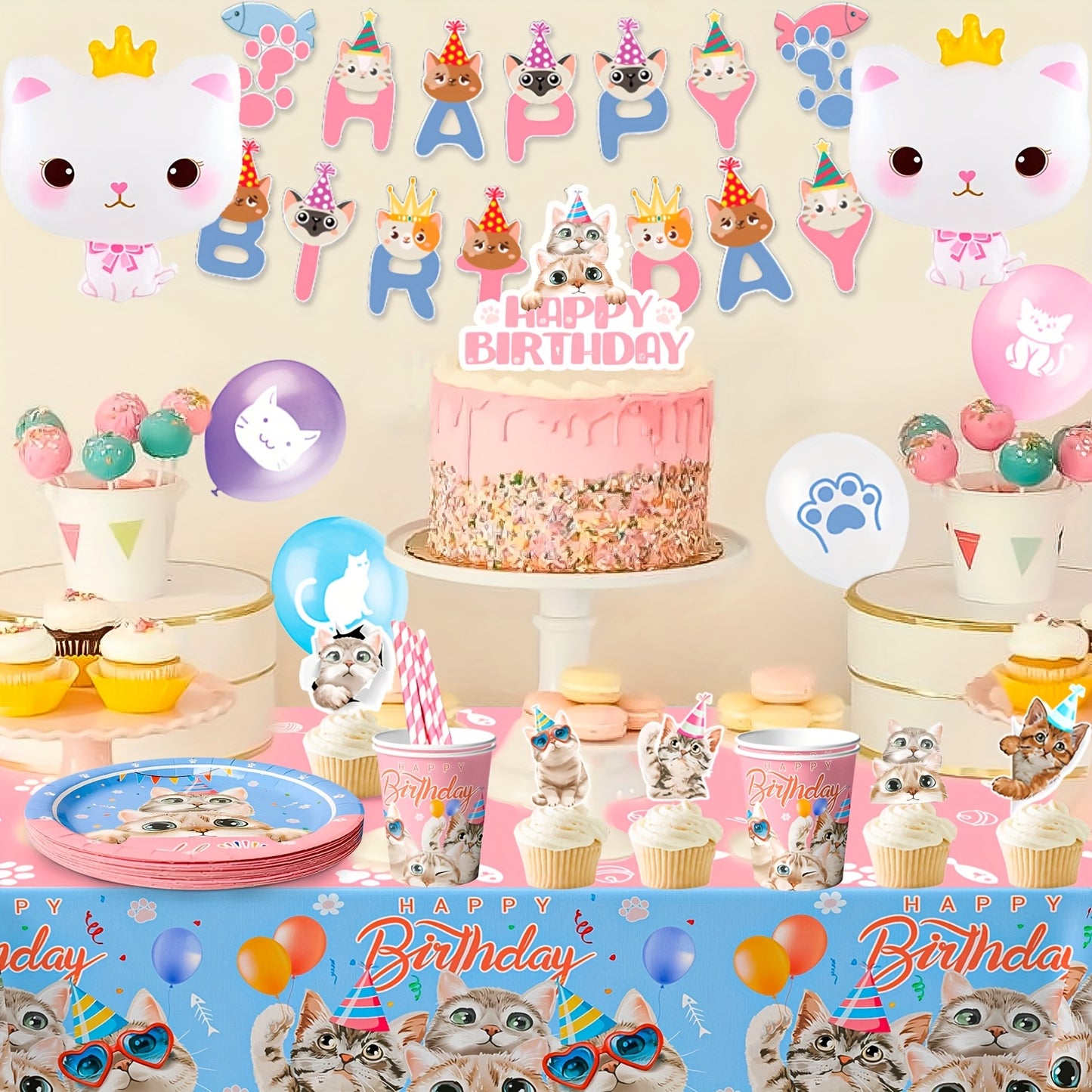 Cat Birthday Party Supplies 178pcs Kitten Decorations Plates Cups Banners Balloons Tableware Set