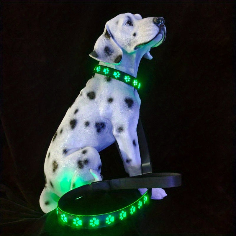 7 Color LED Dog Collar with Paw Pattern USB Rechargeable Adjustable Fit for Nighttime Safety