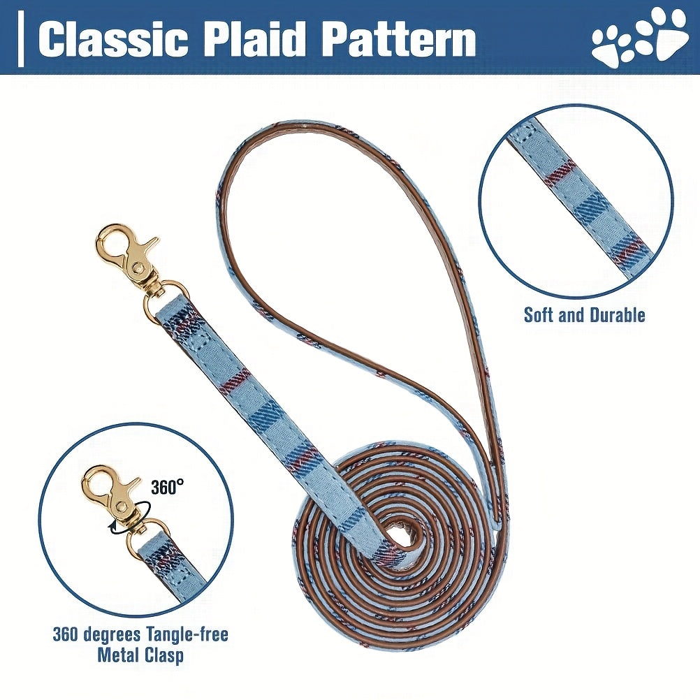 Cute Blue Plaid Dog Collar and Leash Set with Bow Tie and Bandana for Outdoor Walking