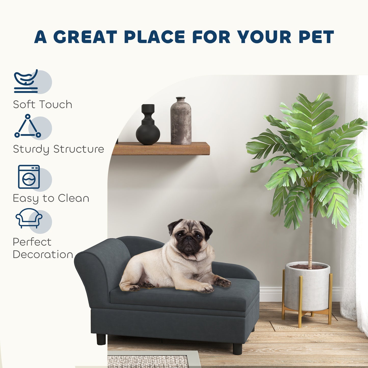 PawHut Luxury Dog Couch with Hidden Storage Soft Foam Sofa Bed for Small Breeds Dark Gray