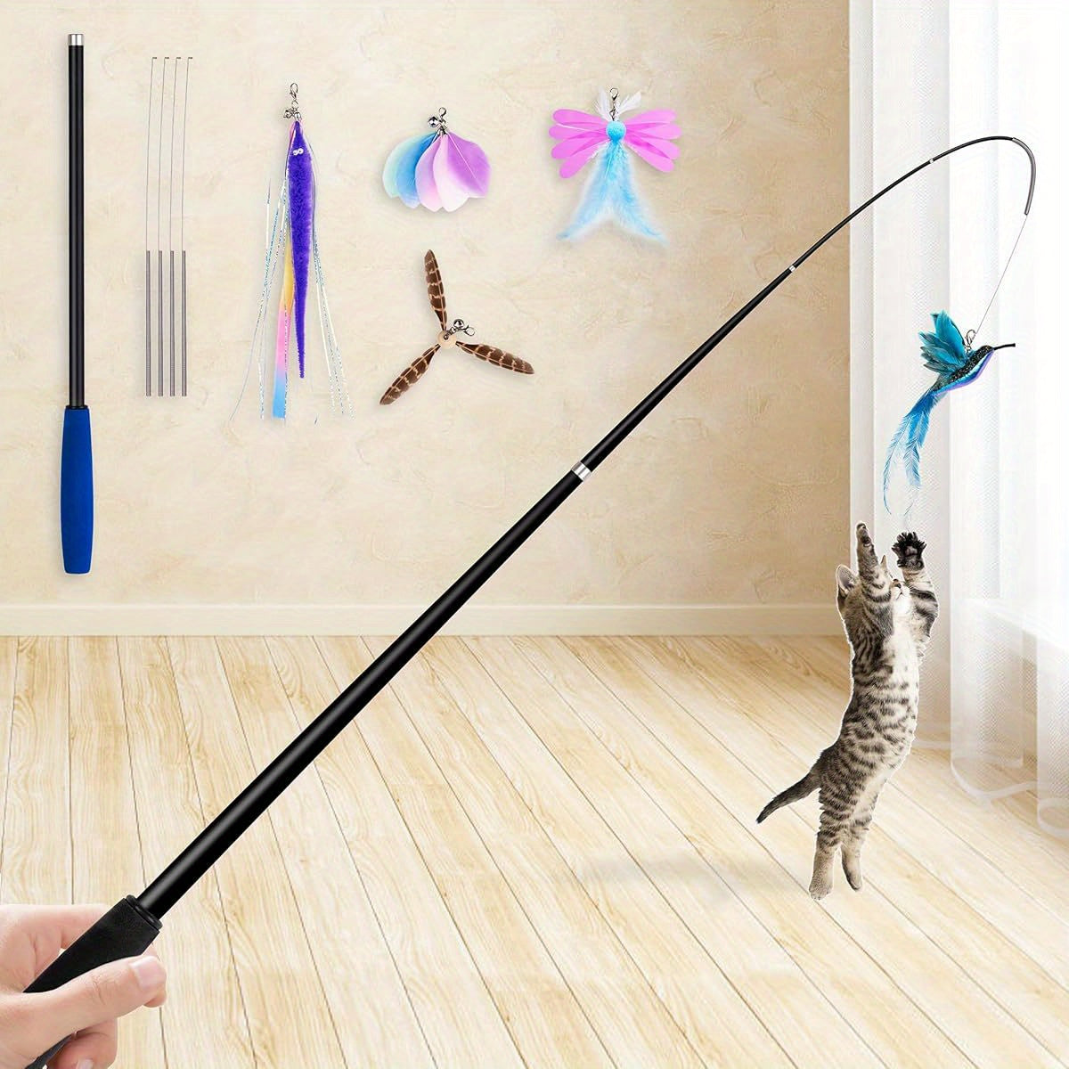 JXFUKAL 2025 Cat Toys 2in1 Spring Wand Teaser with Feather Refills for Indoor Kittens