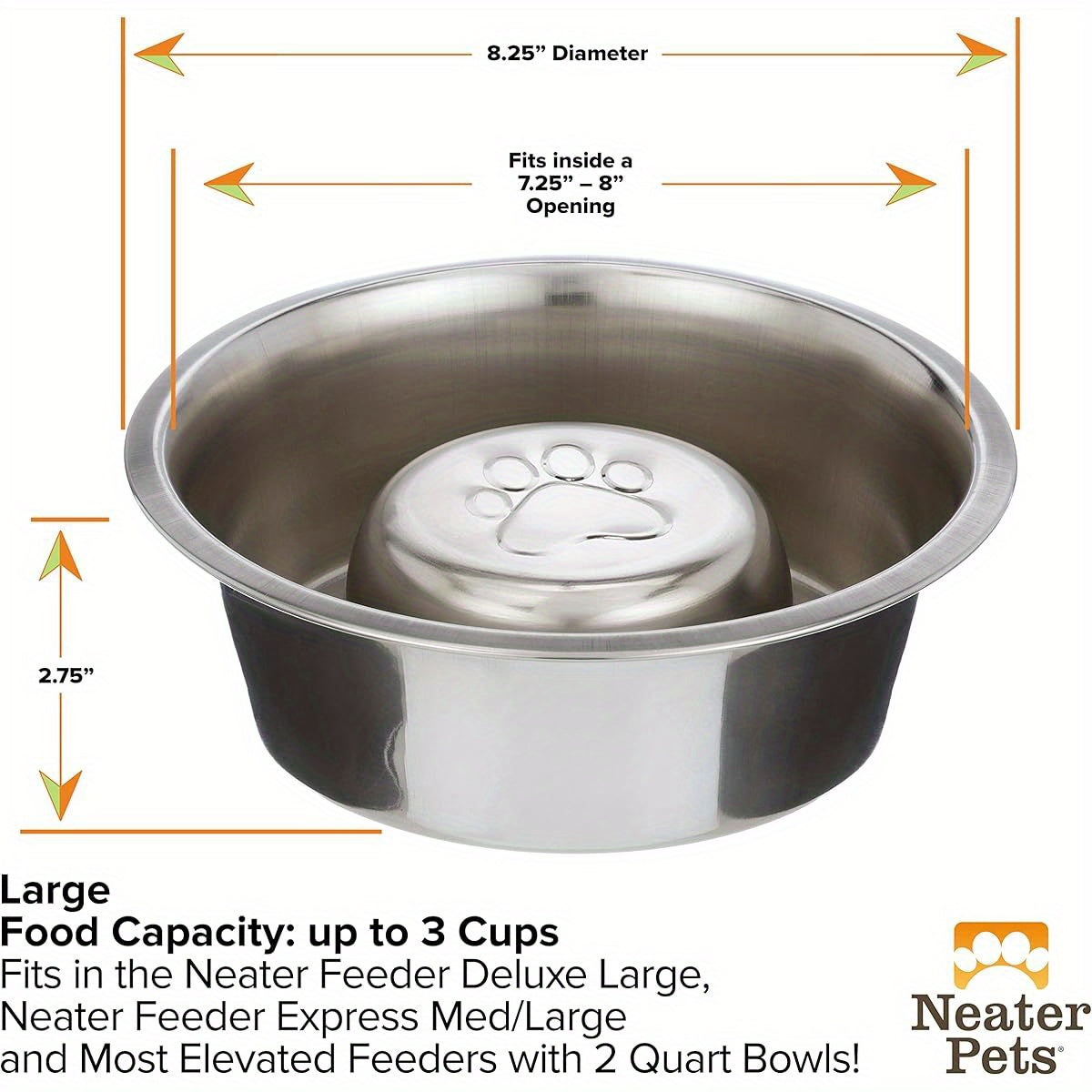 Stainless Steel Slow Feed Bowl for Dogs and Cats Fits Neater Feeders 3 Cup Capacity