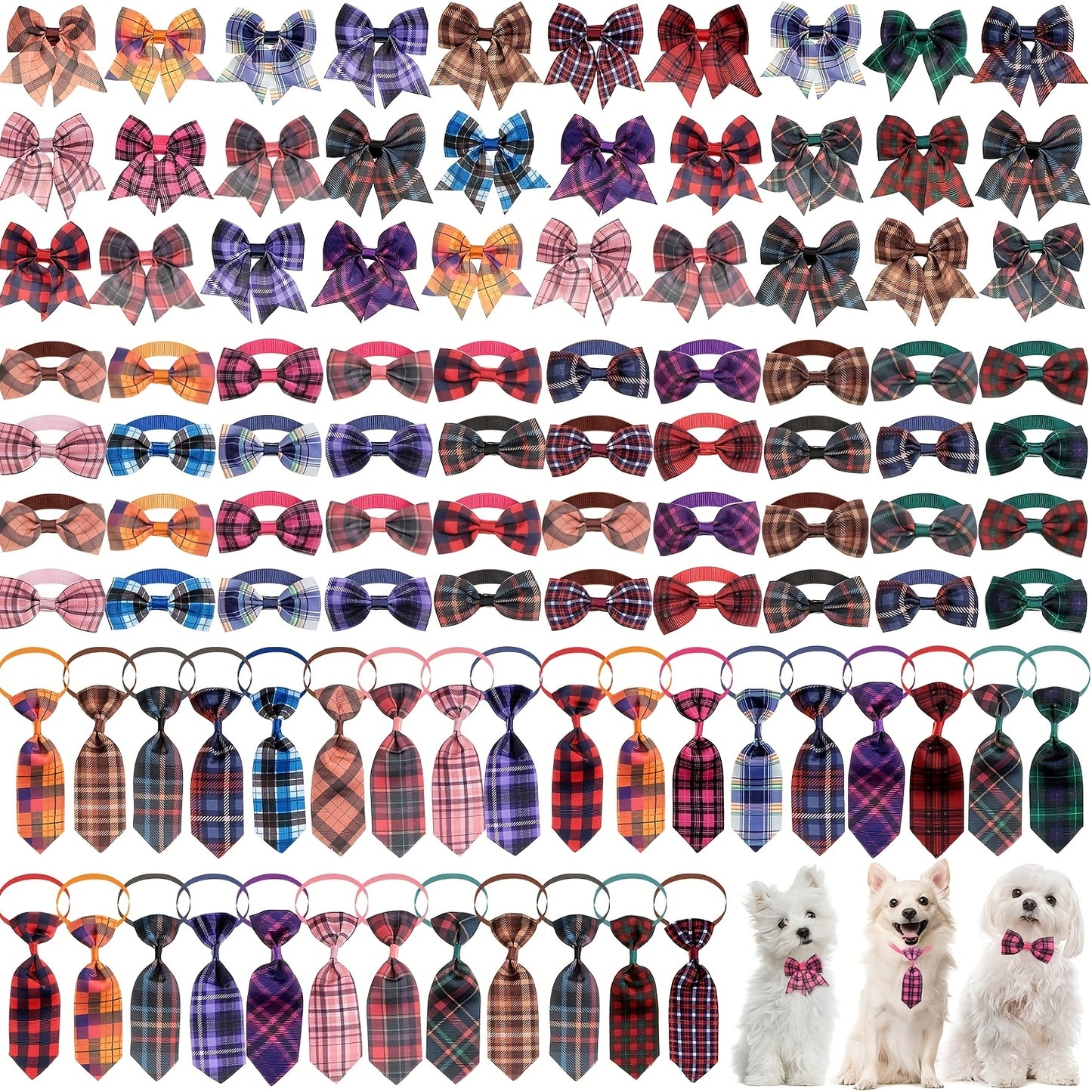 100pcs Plaid Dog Bow Tie Collar Set with Neckties Bow Ties and Collar Flowers for Dogs