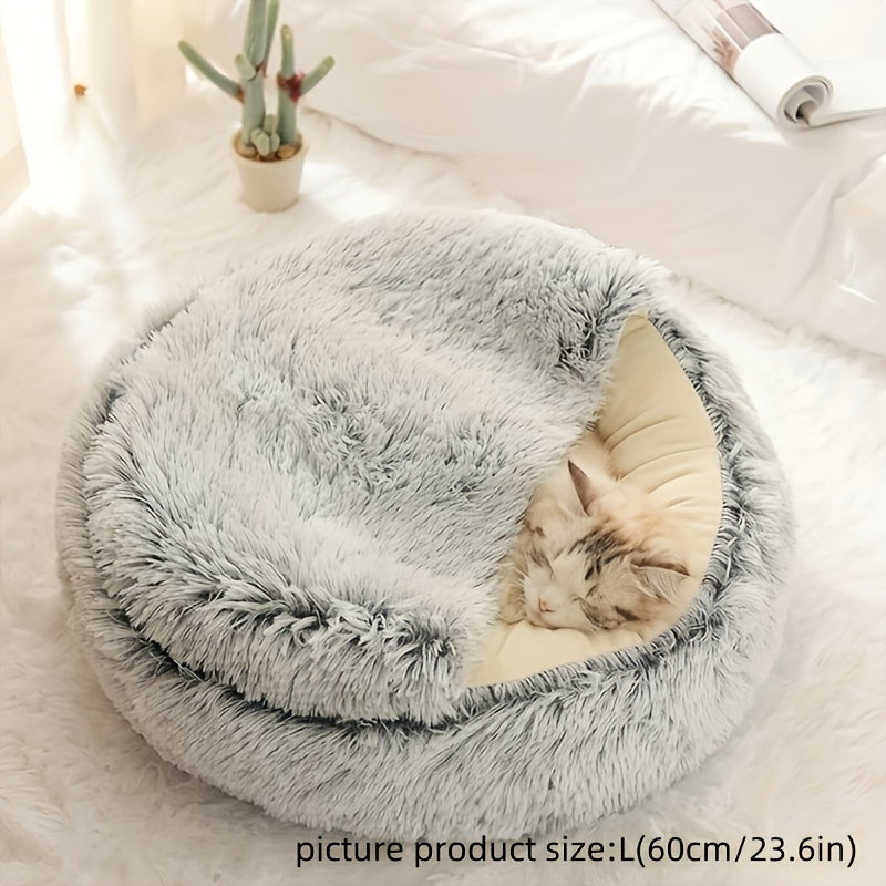 Cozy Round Plush Cat Bed Cave Fluffy Hooded Anti Anxiety Pet Bed For Indoor Cats And Small Dogs