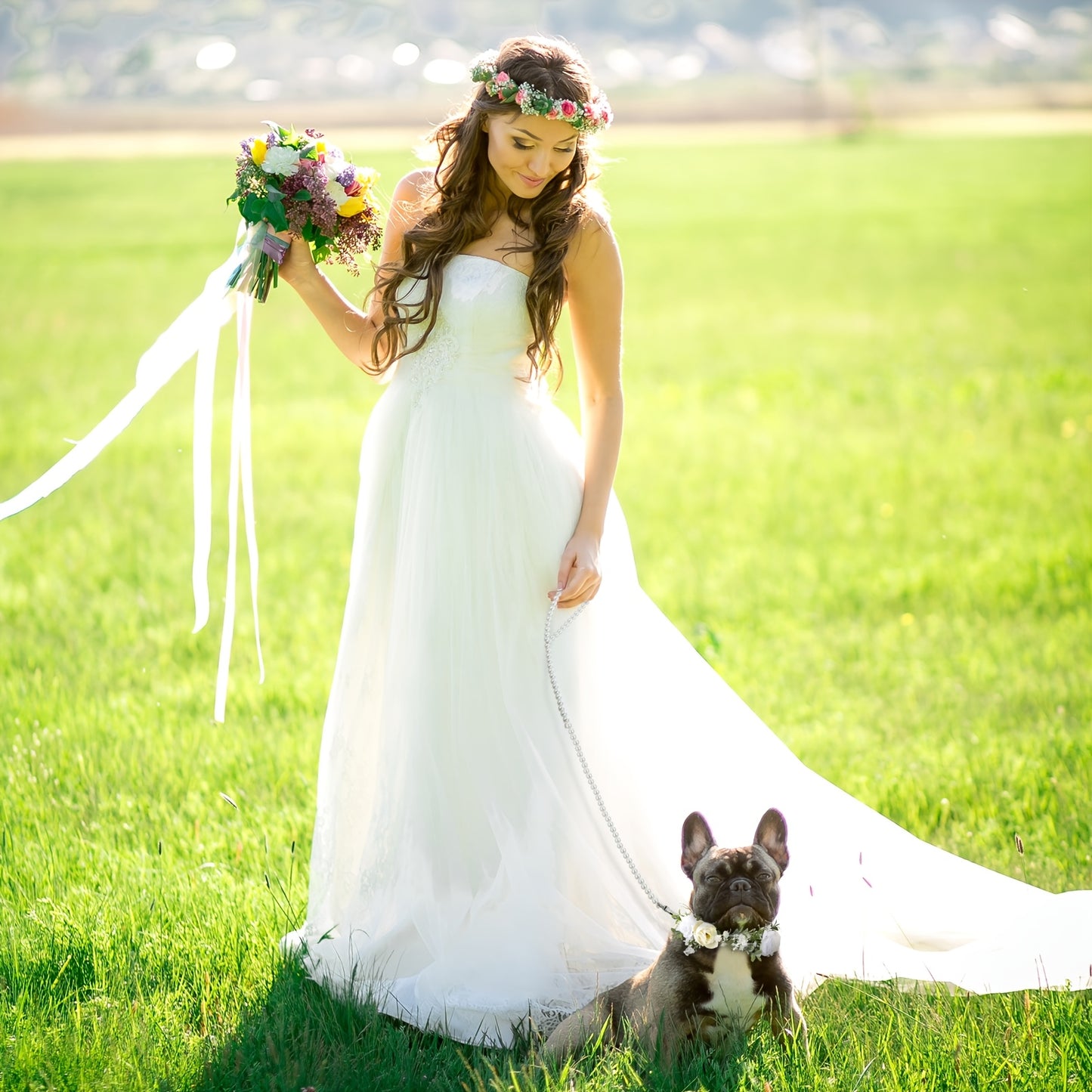 2 Piece Dog Flower Collar and Leash Set with Pearls for Weddings Adjustable for Medium Dogs