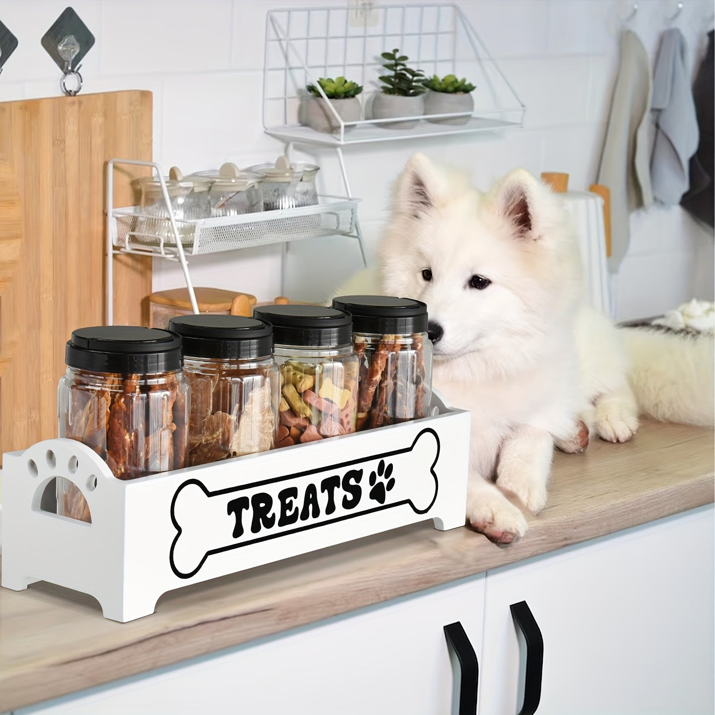 Wooden Dog Food Storage Box With Farmhouse Cat Jars