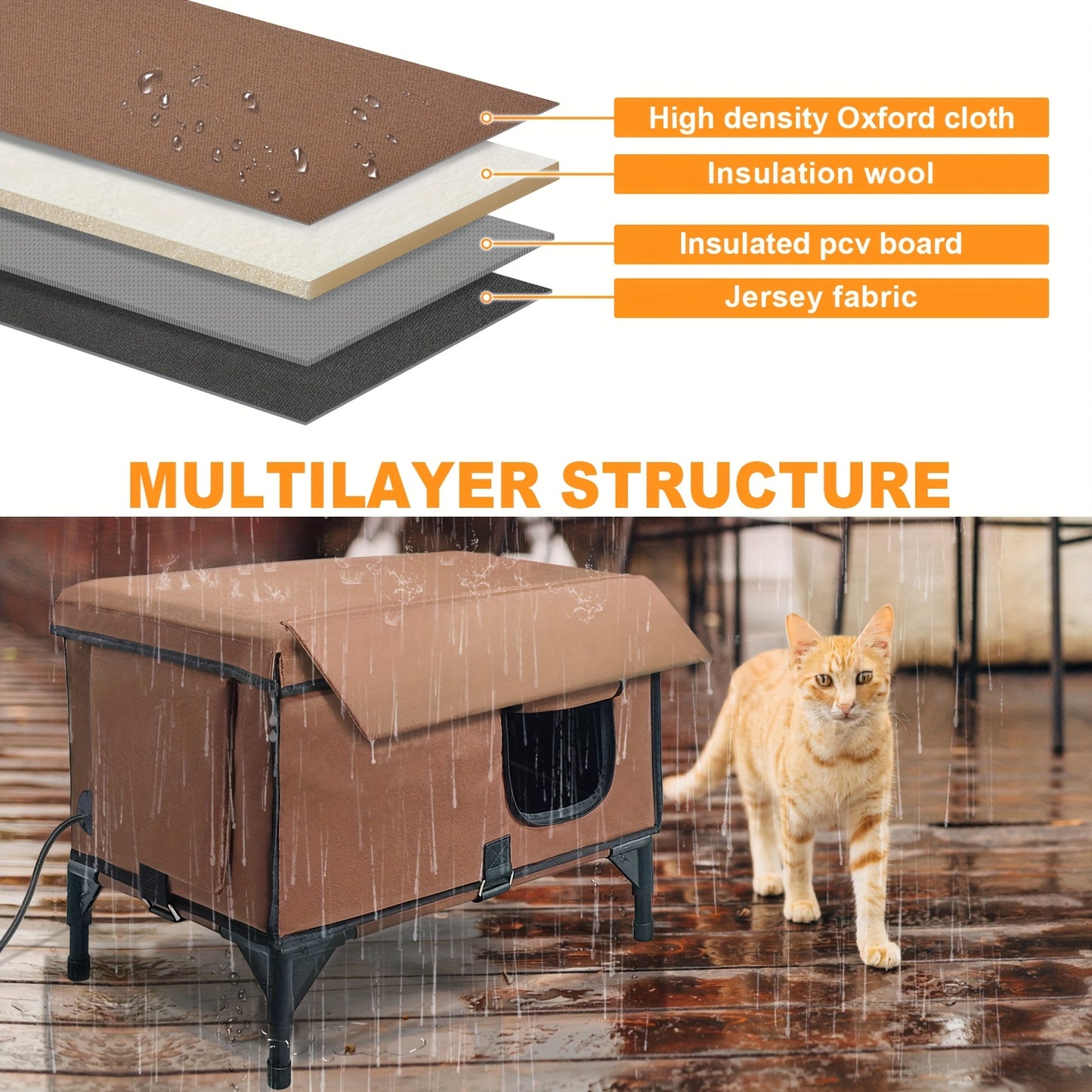 Cat House with Heating Pad and Elevated Bed 3-in-1 Design for Indoor and Outdoor Use