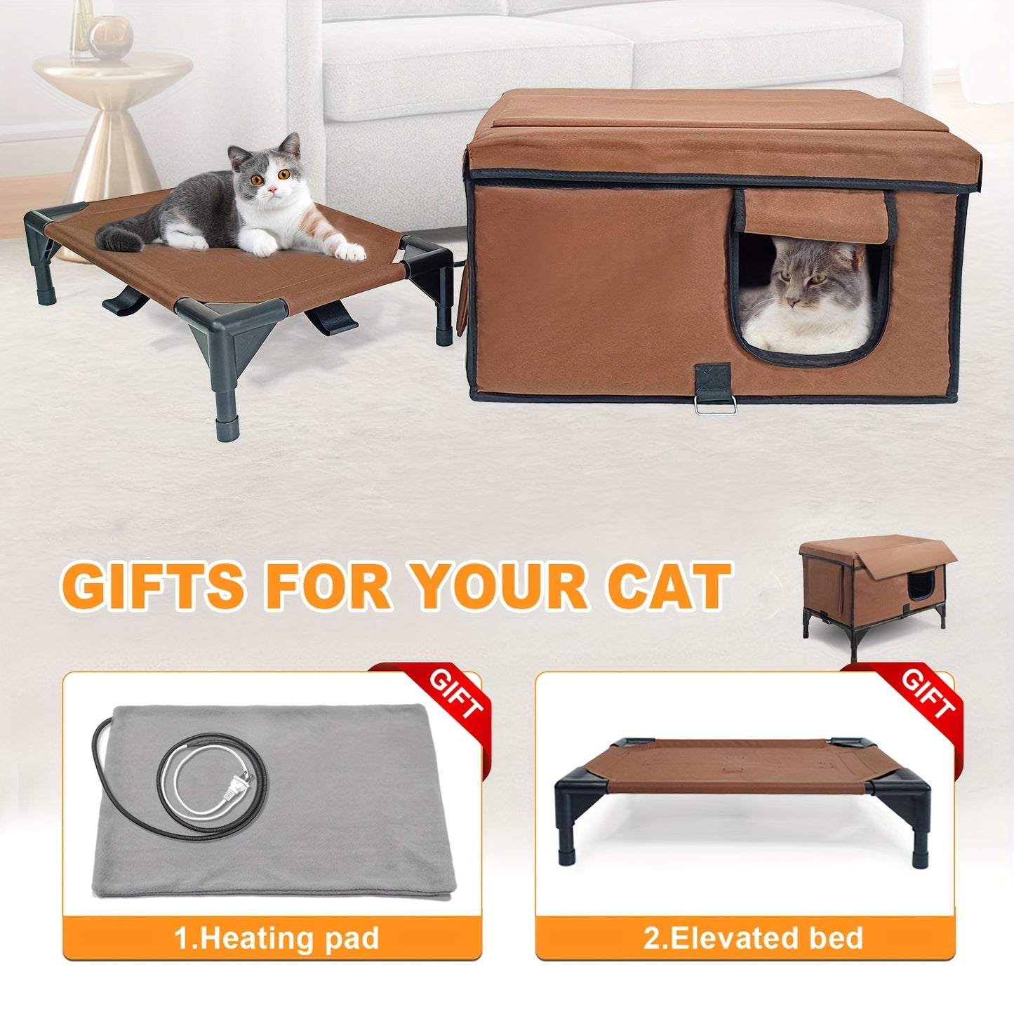 Cat House with Heating Pad and Elevated Bed 3-in-1 Design for Indoor and Outdoor Use