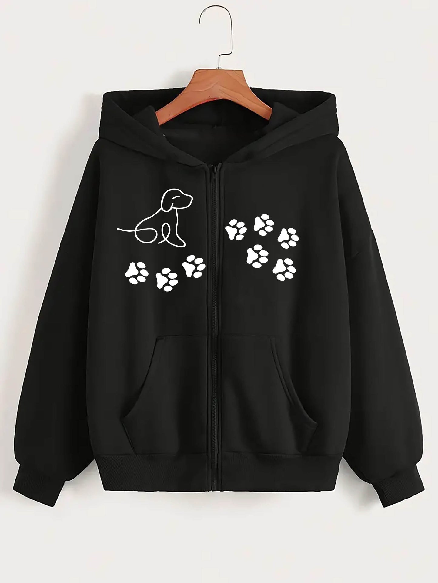 Women's Trendy Black Hoodie with Dog Paw Print Cozy Fleece Zip-Up Sweatshirt and Kangaroo Pocket