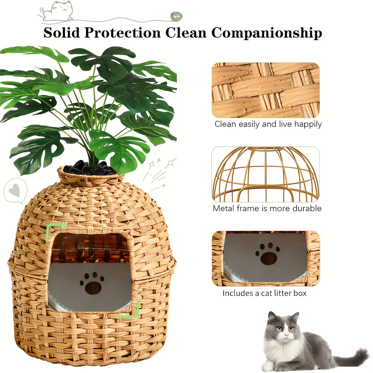 Hidden Cat Litter Box Plant Rattan Enclosure Living Room