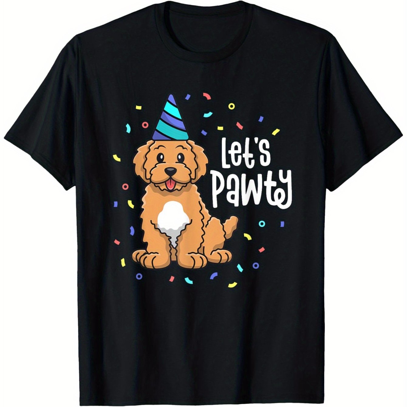 Let's Pawty Goldendoodle Dog Birthday T-Shirt for Men - 100 Percent Cotton Casual Tee