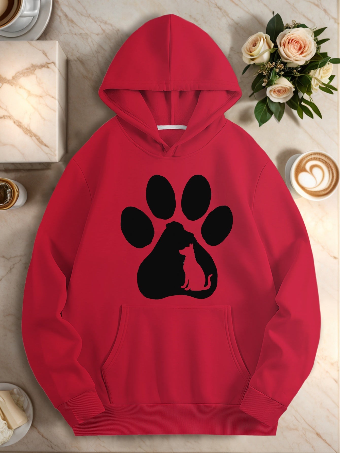 Women's Plus Size Cozy Hoodie with Dog and Cat Paw Print Red Long Sleeve Casual Sweatshirt