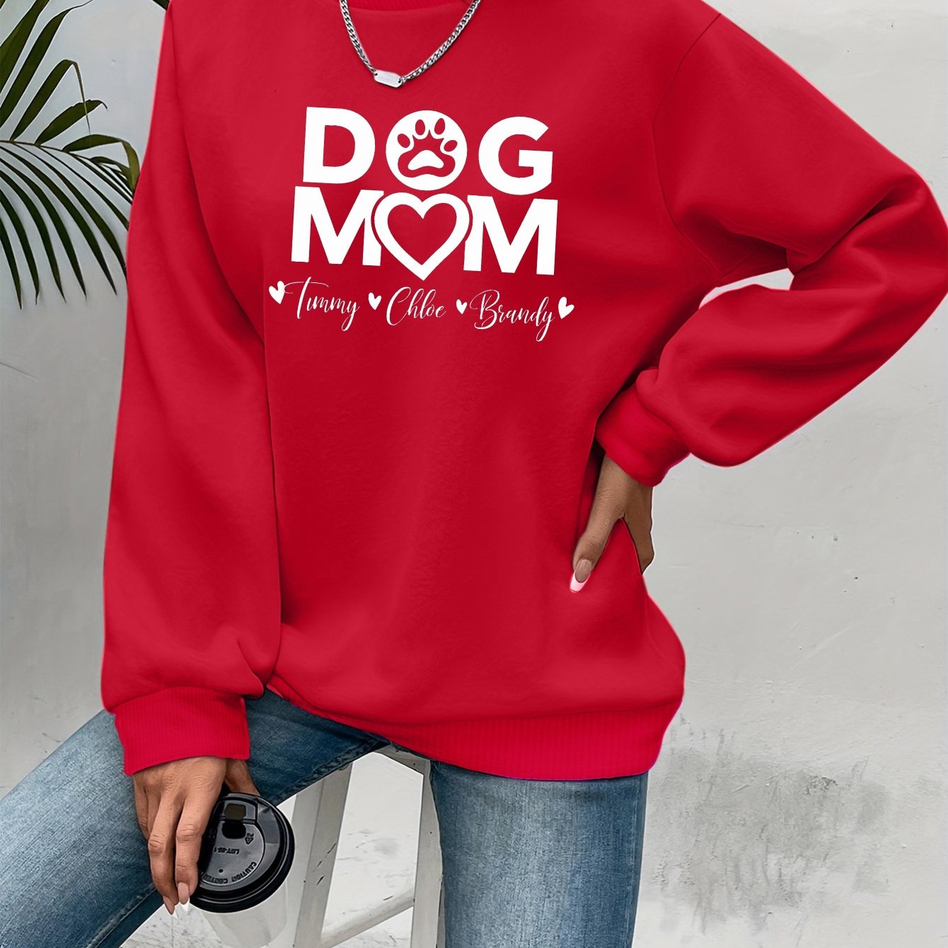Teediy Women's Dog Mom Pink Sweatshirt with Paw Prints Casual Pullover for Autumn Winter