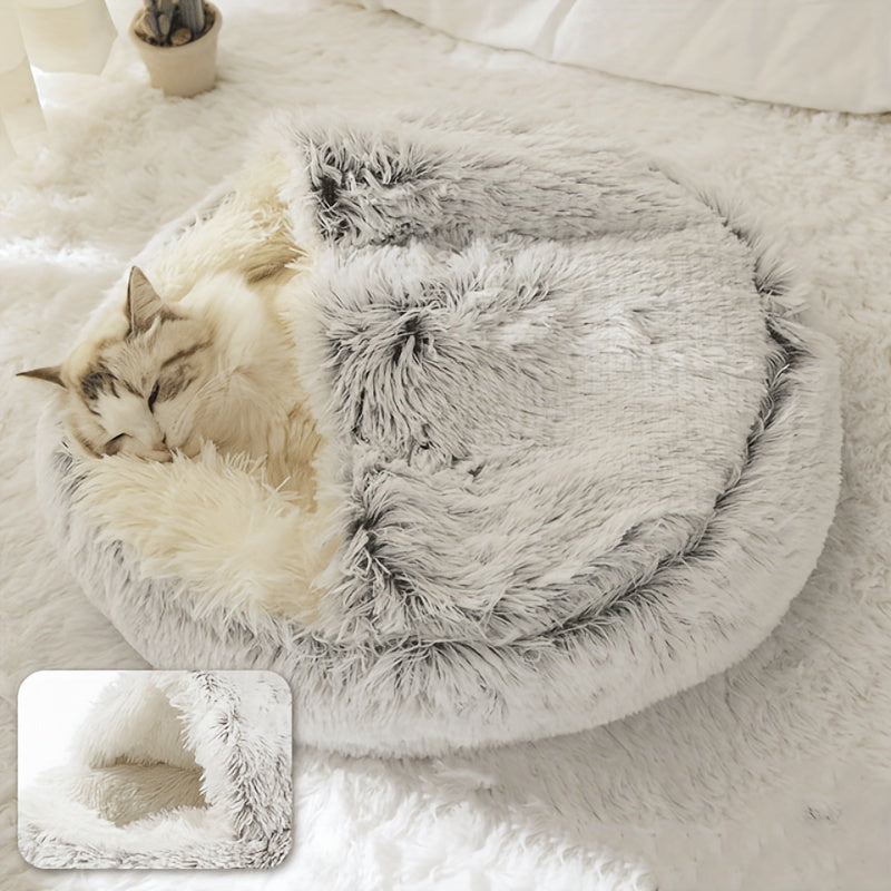 Cozy Round Plush Cat Bed Cave Fluffy Hooded Anti Anxiety Pet Bed For Indoor Cats And Small Dogs