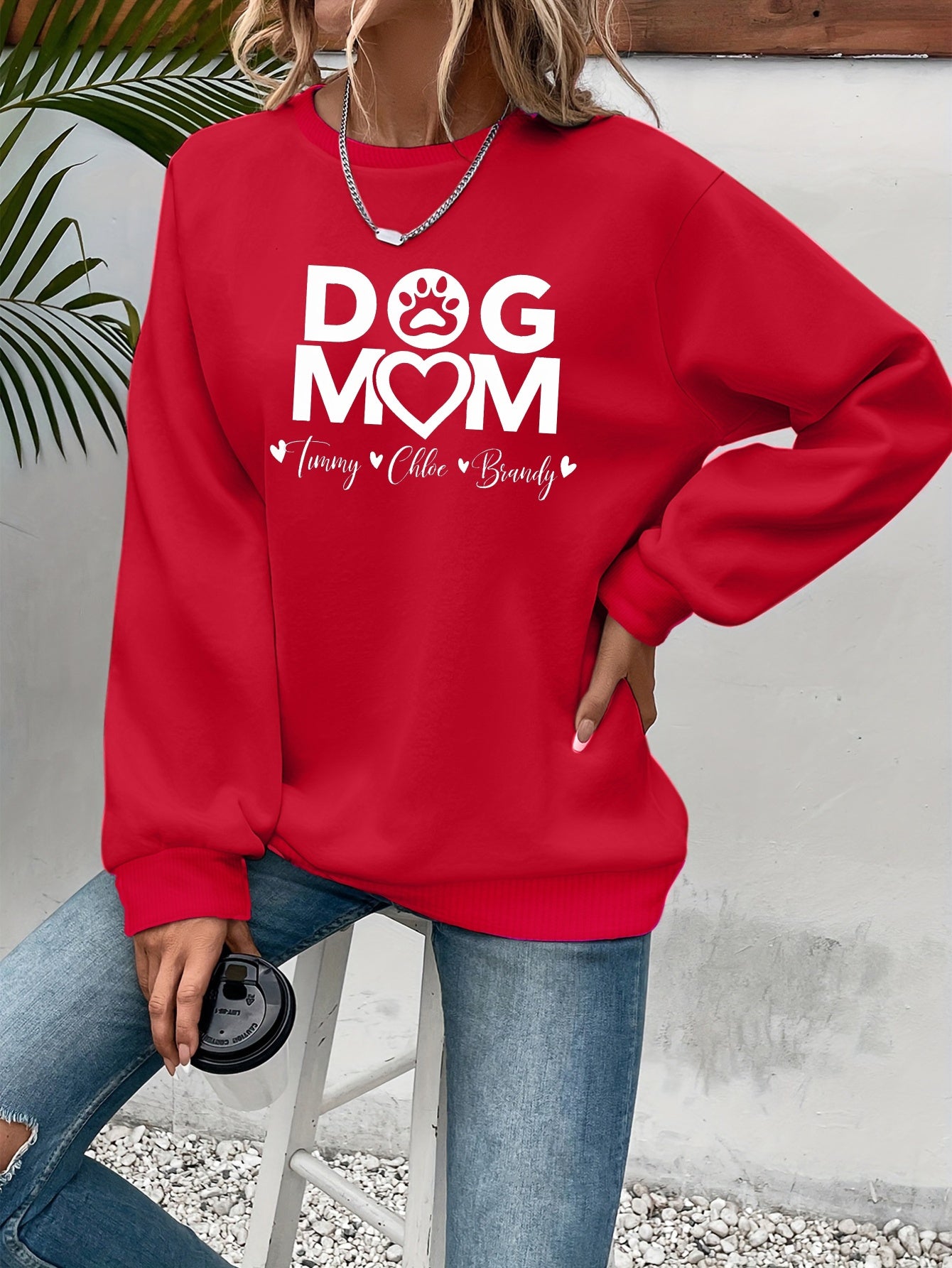 Teediy Women's Dog Mom Pink Sweatshirt with Paw Prints Casual Pullover for Autumn Winter
