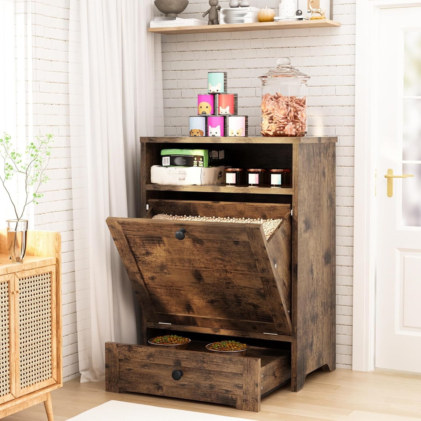 Wooden Elevated Dog Feeding Station With Storage Drawer