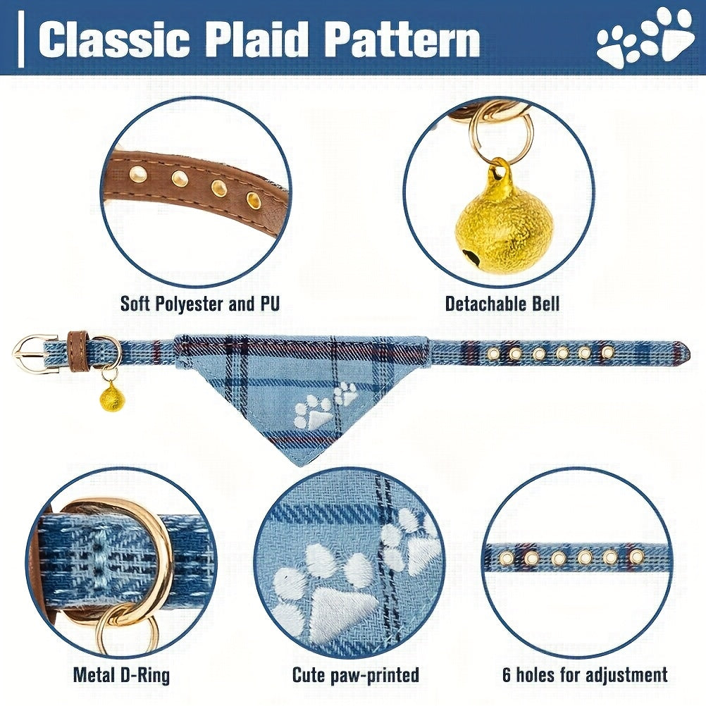 Cute Blue Plaid Dog Collar and Leash Set with Bow Tie and Bandana for Outdoor Walking