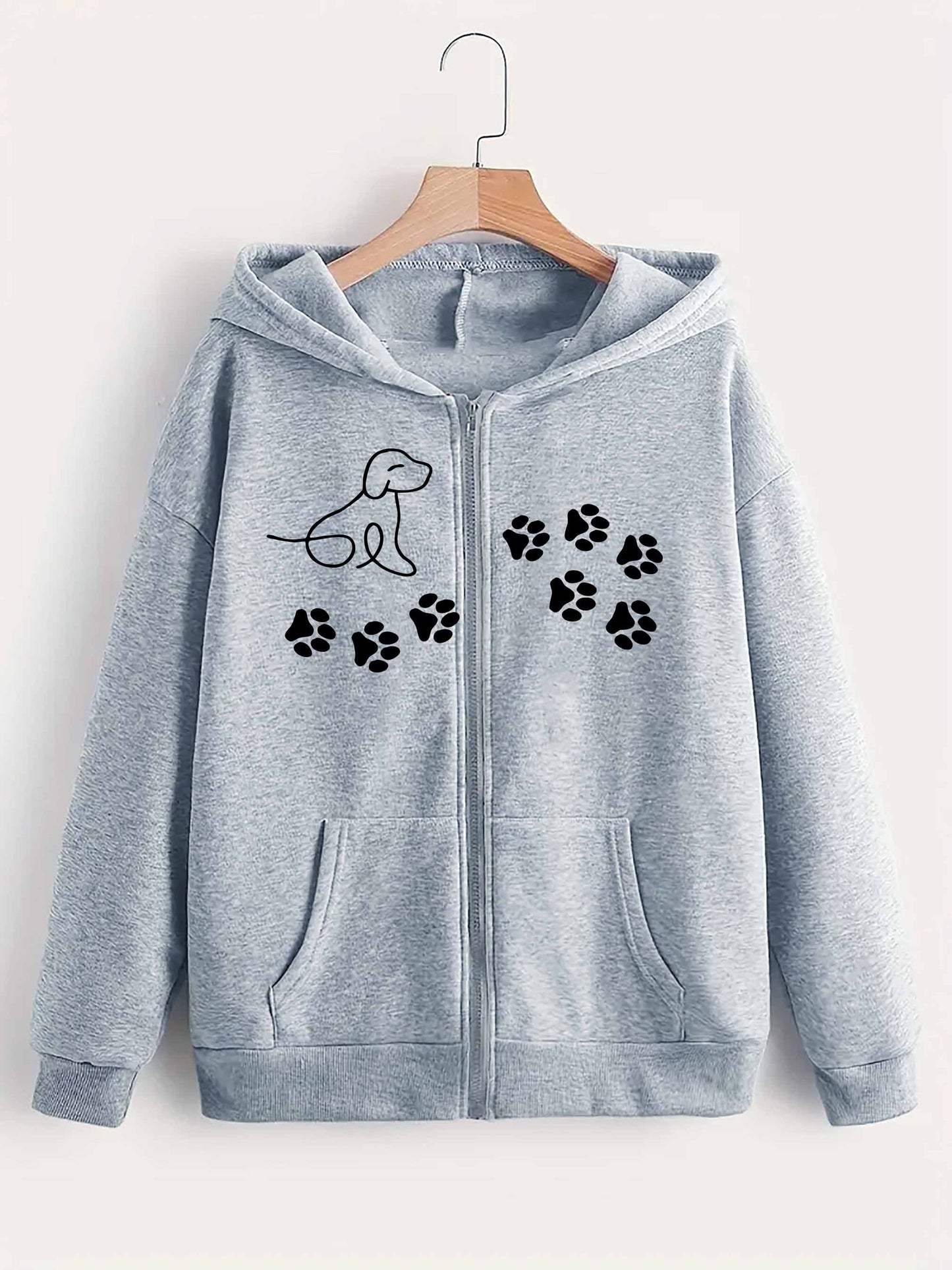 Women's Trendy Black Hoodie with Dog Paw Print Cozy Fleece Zip-Up Sweatshirt and Kangaroo Pocket