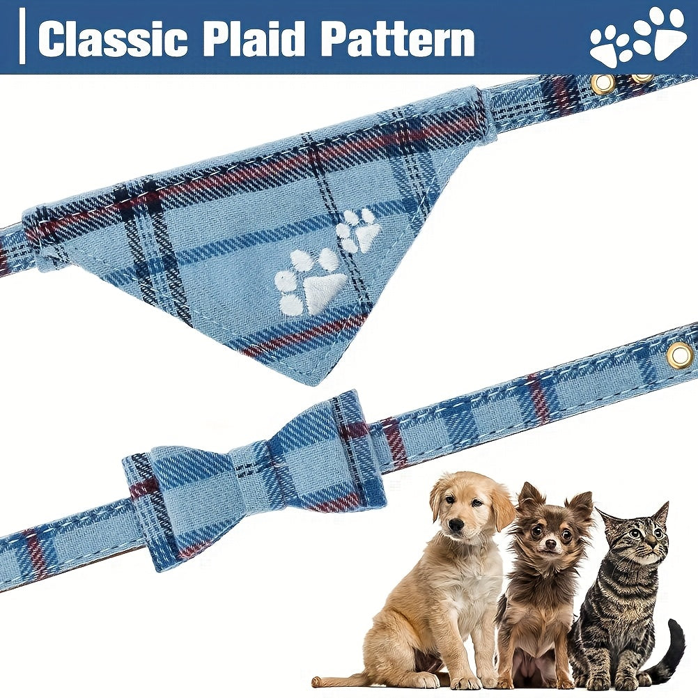 Cute Blue Plaid Dog Collar and Leash Set with Bow Tie and Bandana for Outdoor Walking