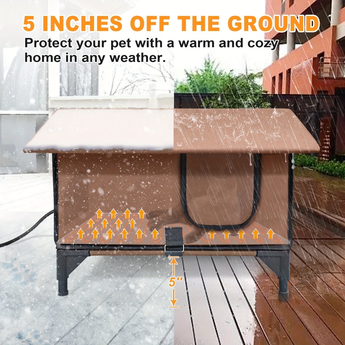 Cat House with Heating Pad and Elevated Bed 3-in-1 Design for Indoor and Outdoor Use