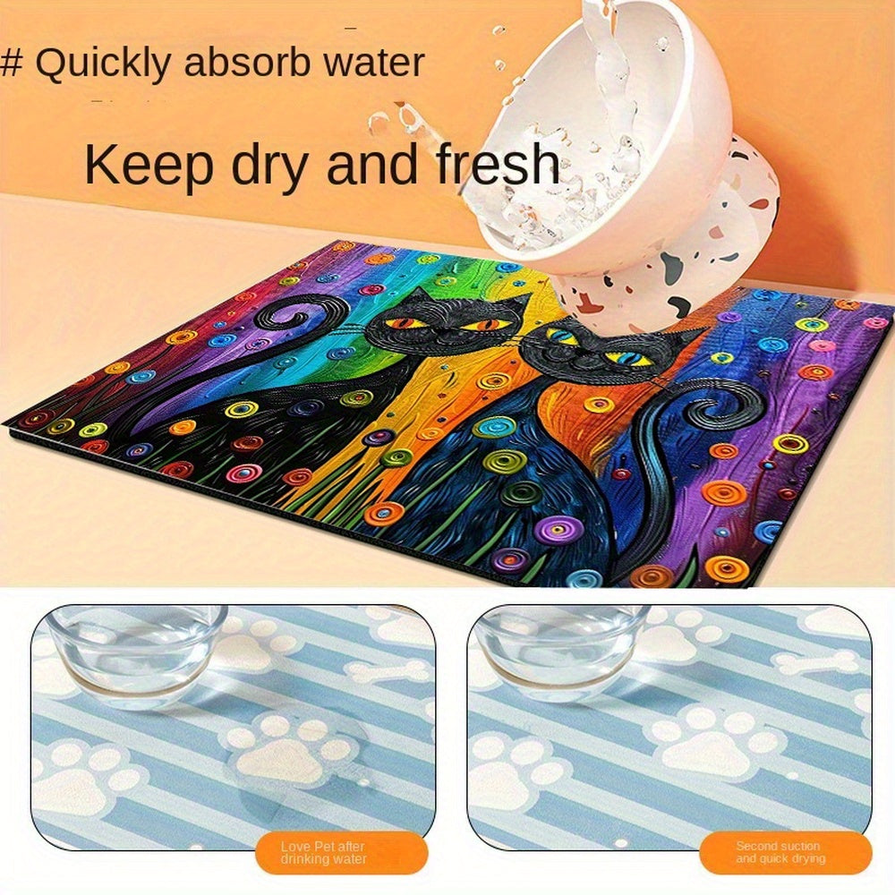 Colorful Cat Design Non-Slip Pet Feeding Mat Waterproof Durable Rubber Indoor Outdoor Use