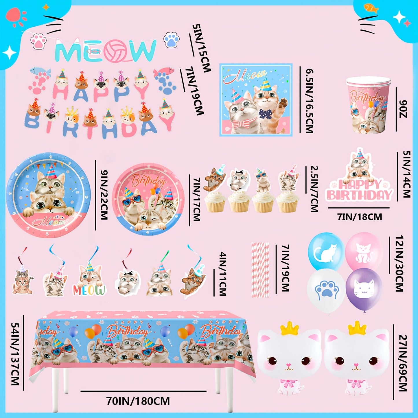 Cat Birthday Party Supplies 178pcs Kitten Decorations Plates Cups Banners Balloons Tableware Set