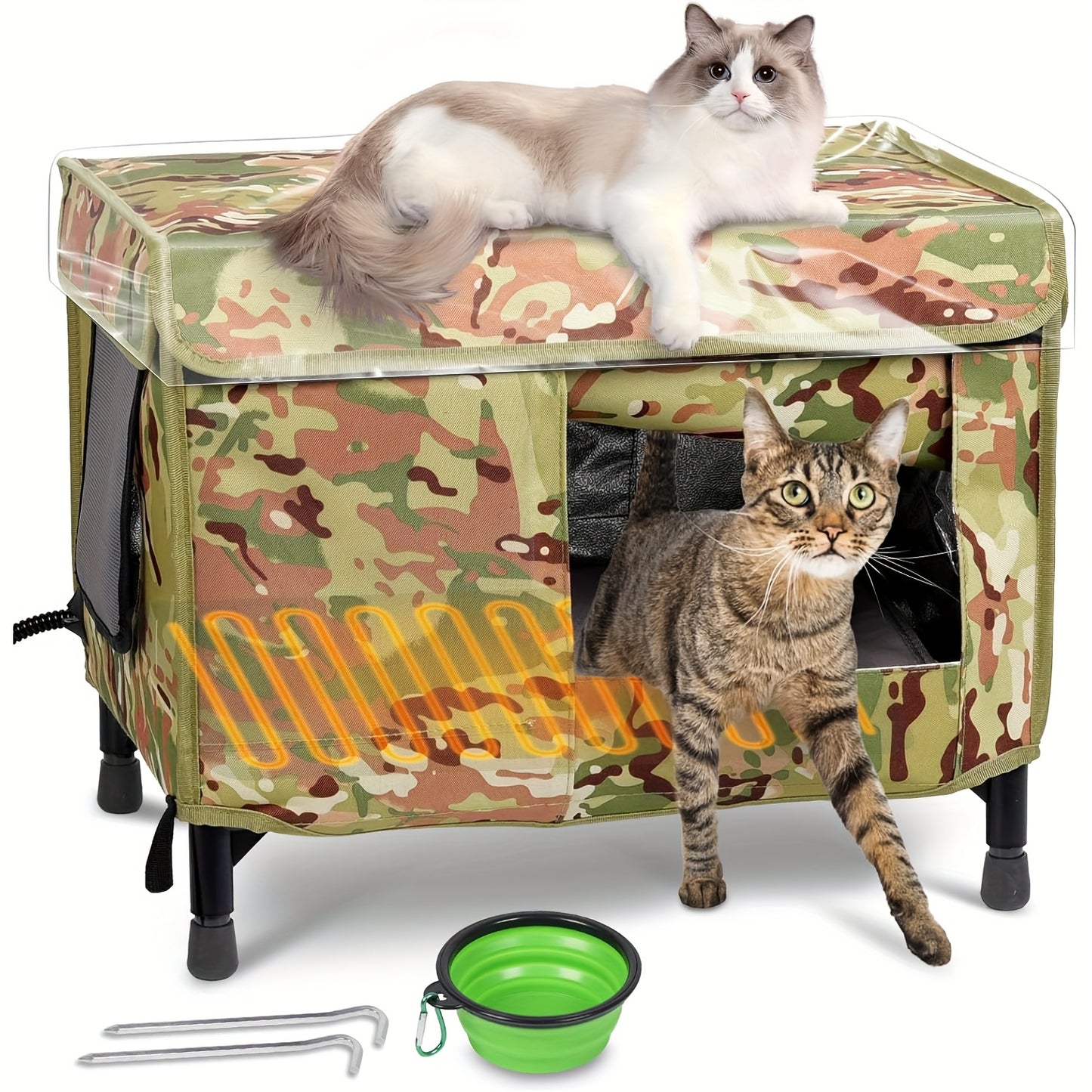Indestructible Heated Cat House for Indoor and Outdoor Use with Collapsible Design and Food Bowl