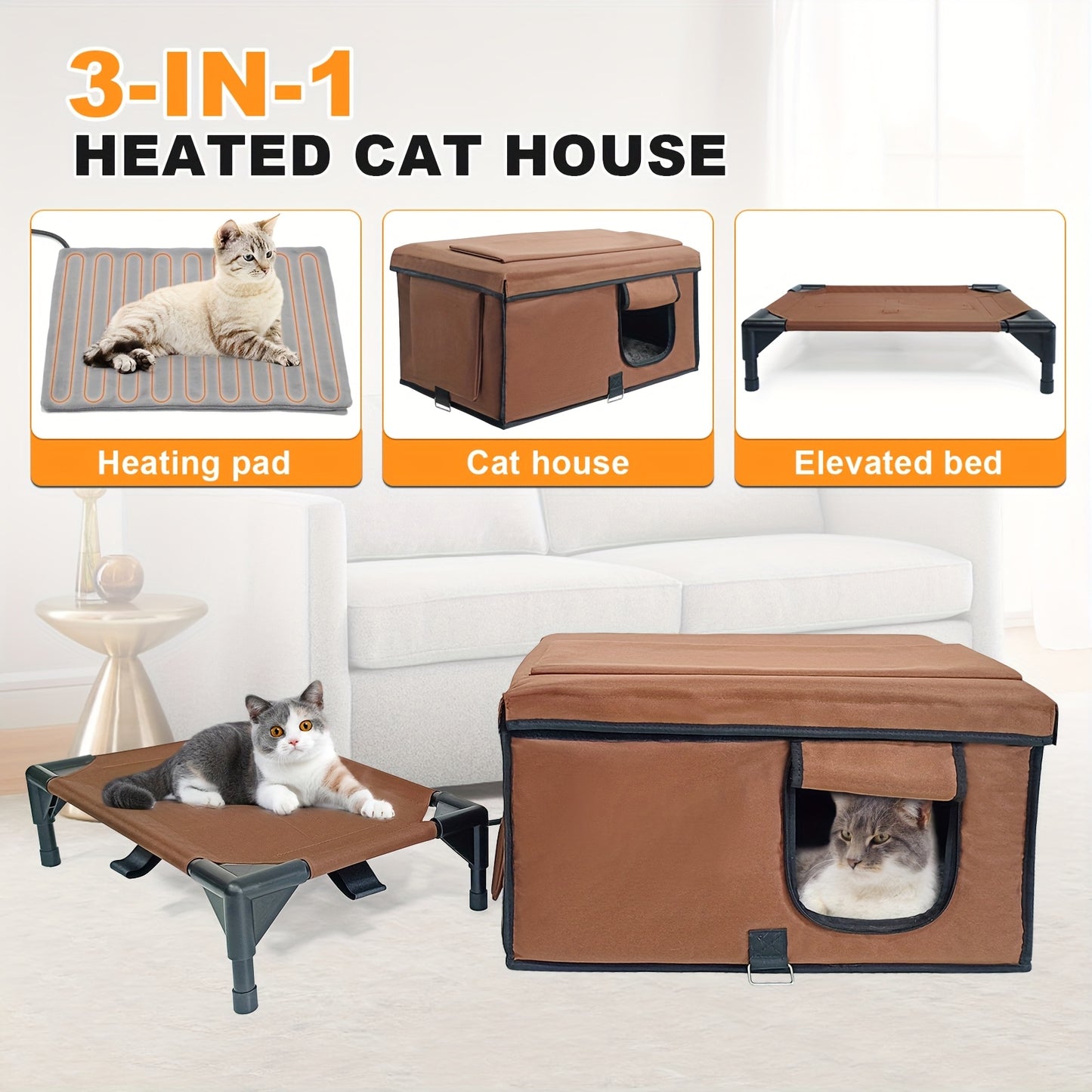 Cat House with Heating Pad and Elevated Bed 3-in-1 Design for Indoor and Outdoor Use